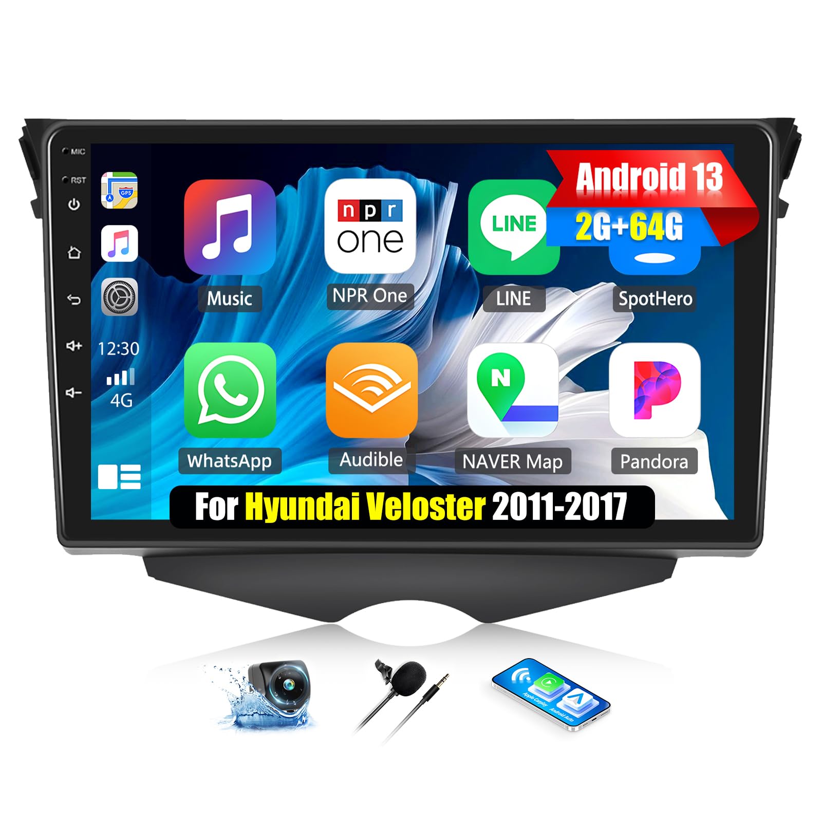 Camecho 2+64G Radio for Hyundai Veloster 2011-2017, Android 13 Car Stereo with Wireless Carplay & Android Auto, 9" Touch Screen Car Radio with Bluetooth, GPS Navigation, WiFi+AHD Backup Camera