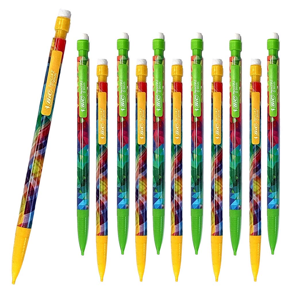 12 x Matic Mechanical Pencils #2 with Eraser, HB, 0.9mm Lead, Green & Yellow Tween Assorted Barrels (OEM Packed - Non-Retail Packaging)