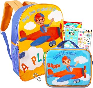 Blippi Backpack & Lunch Bag for Kids - 6 Pc School Supplies Bundle with 16'' Backpack, Box, Stickers, Temporary Tattoos, Clip, More (Blippi Travel Bag)
