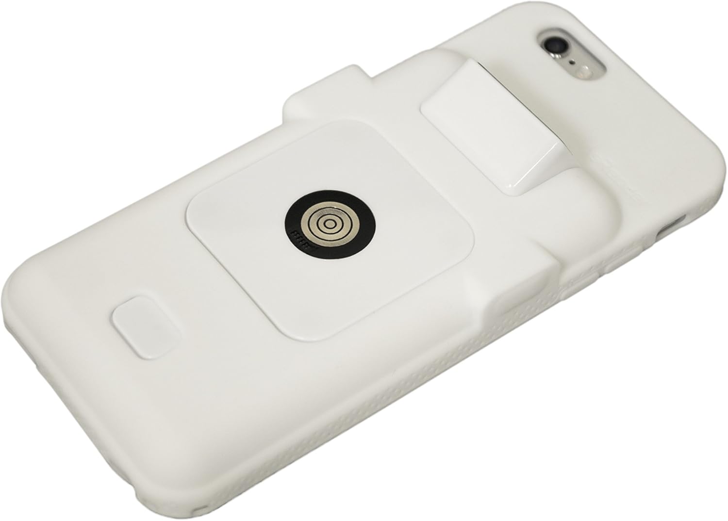 AsReader 1D Barcode Sled assembled with an iPhone in a white case