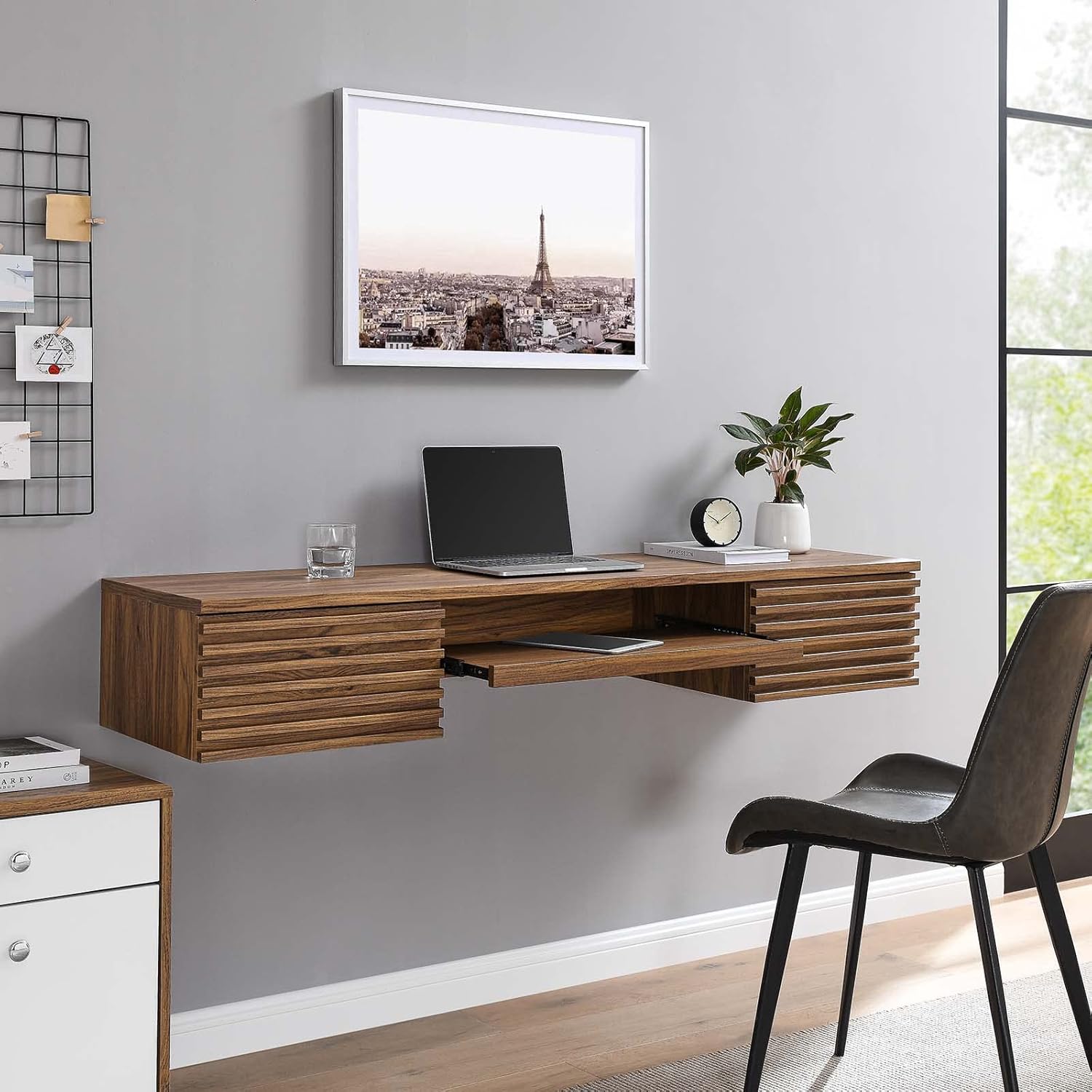 Modway Render Mid-Century Modern, Wall Mount Office Desk, Walnut