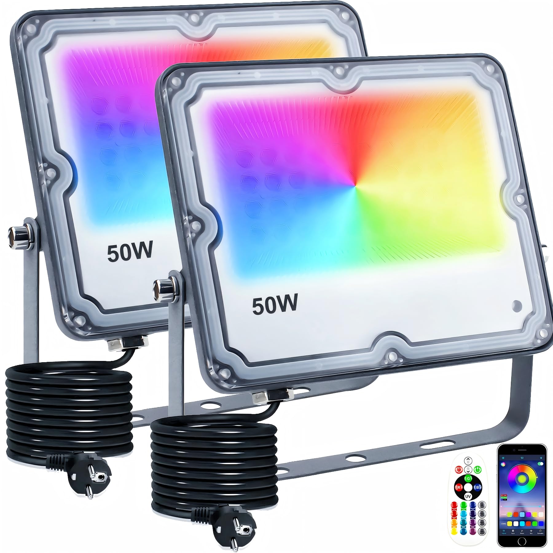 Projecteur LED RGB Exterieur 50W Projecteurs Led Exterieur IP66 Etanche Projecteur Leds Couleur 16 Couleurs 4 Modes avec APP Control Spot led extérieur Pour le Jardin, le Festival et Noël