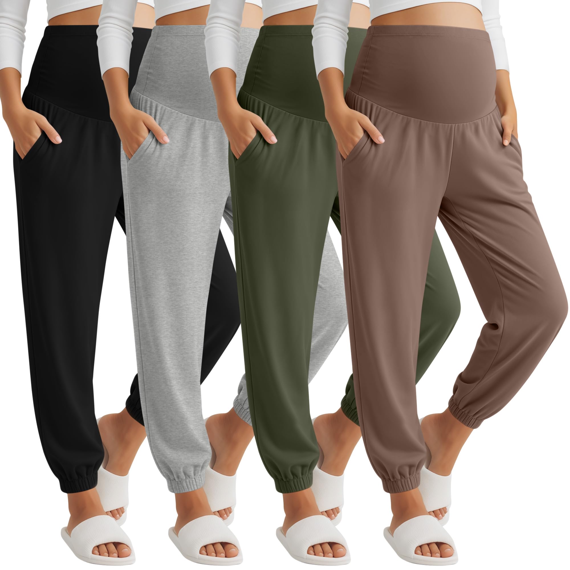 4 Pack Womens Maternity Pants Joggers Over The Belly Pregnancy Casual Comfy Lounge Sweatpants with Pockets