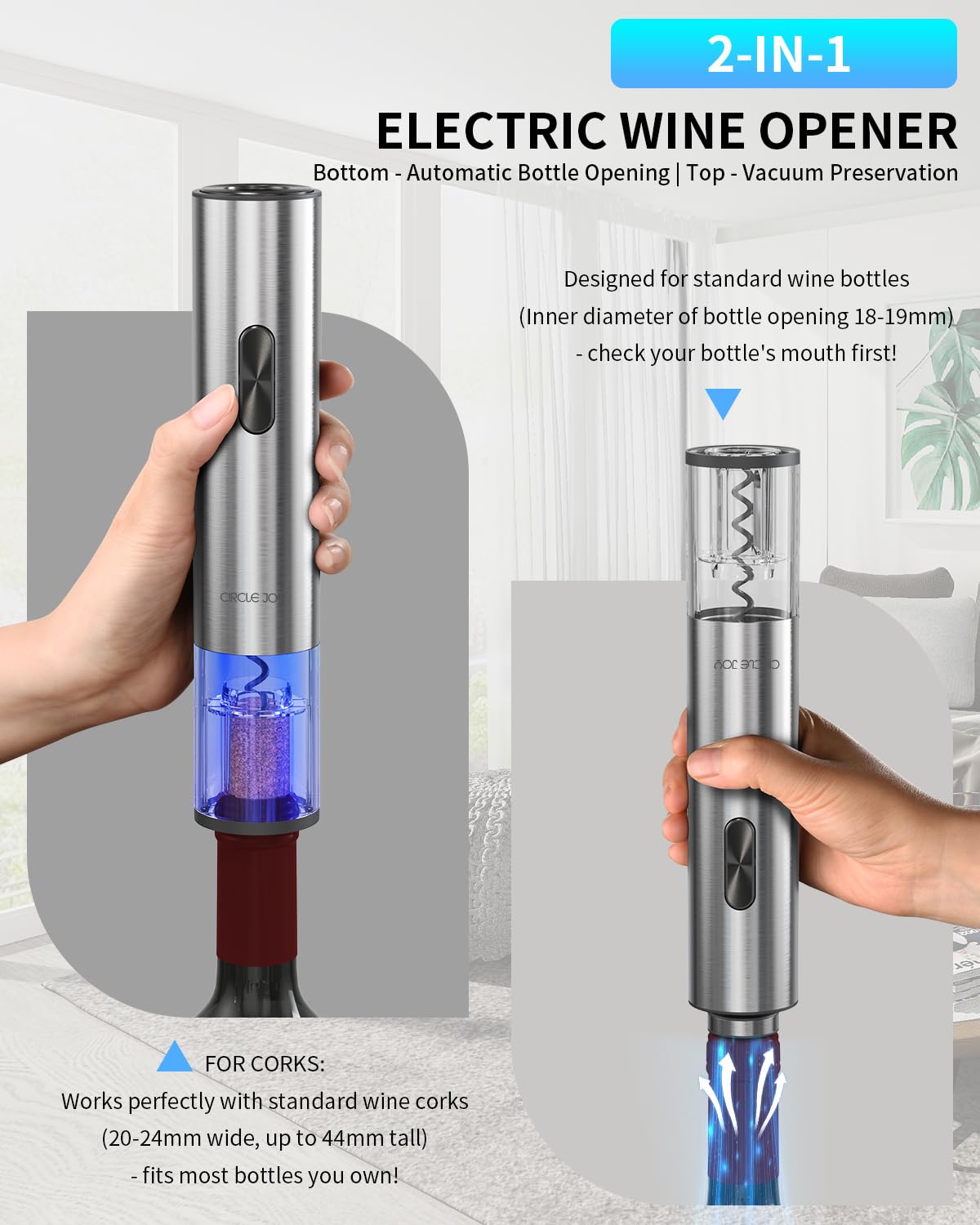 CIRCLE JOY Ouvre-bouteille électrique 7 en 1 en acier inoxydable rechargeable avec pompe à vide automatique, coupe-capsule, bec verseur, 2 bouchons sous vide et station de charge
