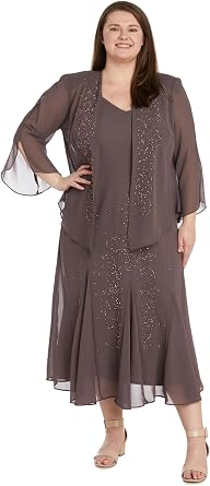 R&M Richards Womens Plus Size Sheer Chiffon Jacket Dress Set