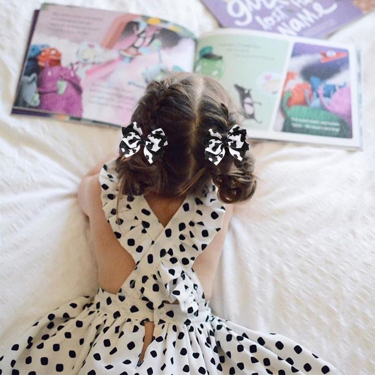 2Pcs Cow Print Hair Bow Clips - Black White Glitter Handmade Satin Bowknot Cute Alligator Hair Barrettes New Year Party Hair Accessories for Toddler Teen Girls Kids (Black White-Cow) - Image 2