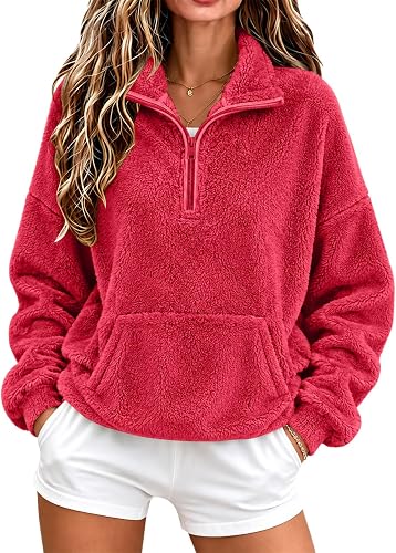 Shiketong Women's Fleece Quarter Zip Pullover Mock Neck Sherpa Jackets Red