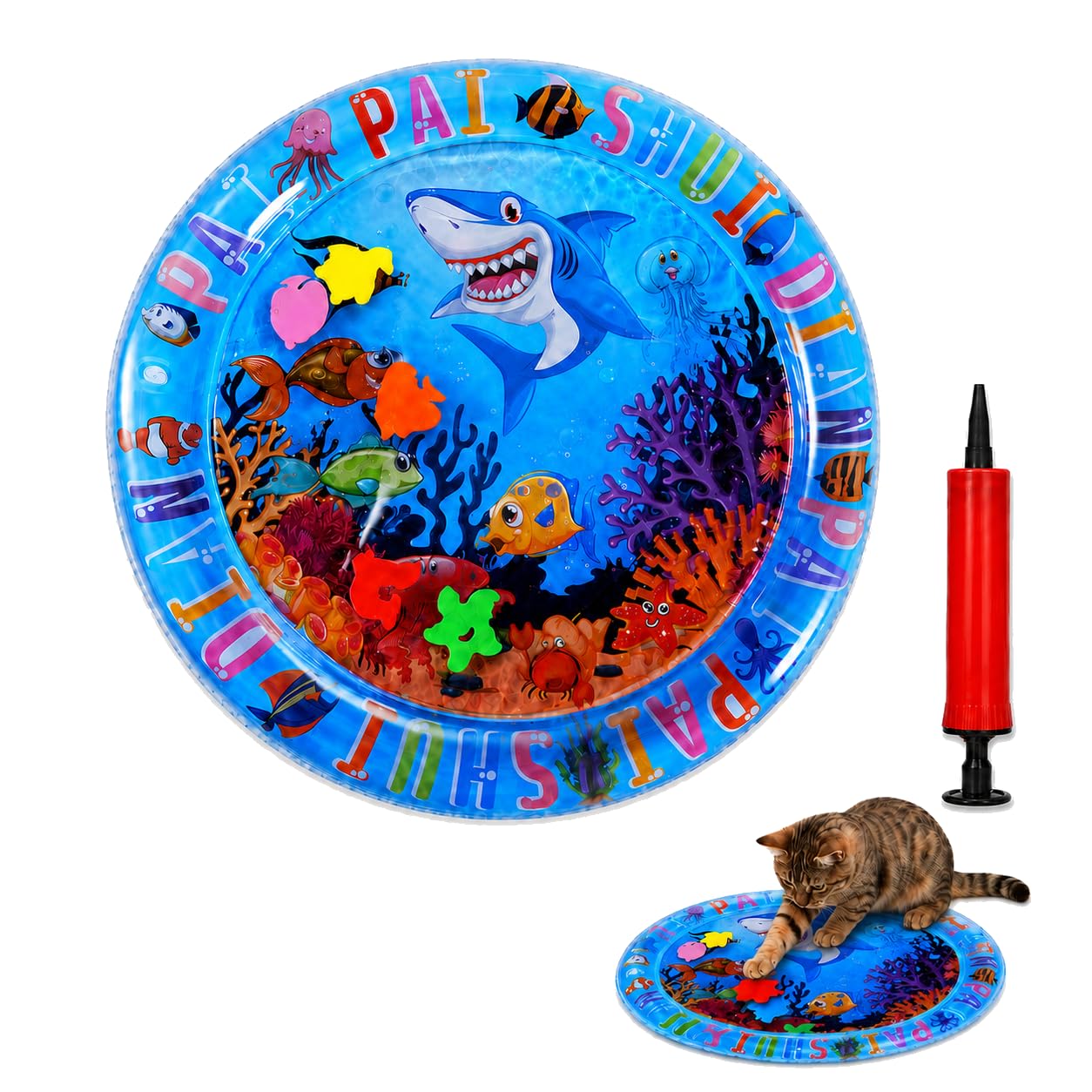 Viilich Cat Water Mat, 65x65cm Water Play Mat for Cats and Dogs, Thickened PVC Cooling Pad, Underwater Floating Fish Interactive Design, Reusable Water Filled Cooling Bed for Cats Dogs for Summer