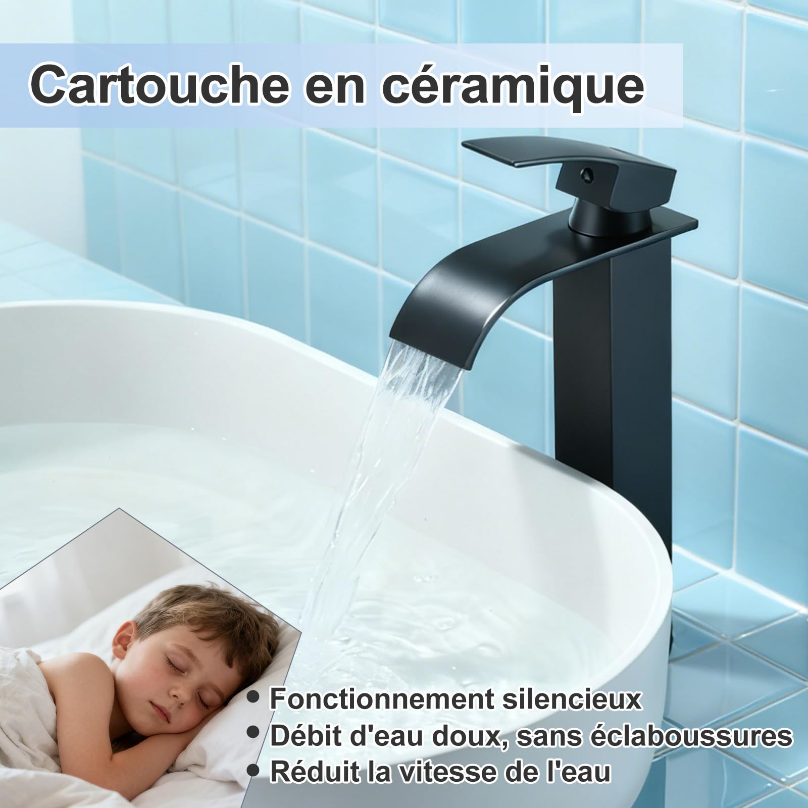 Robinet Lavabo Haut Noir Convient Aux Lavabos à Poser, Lavabo