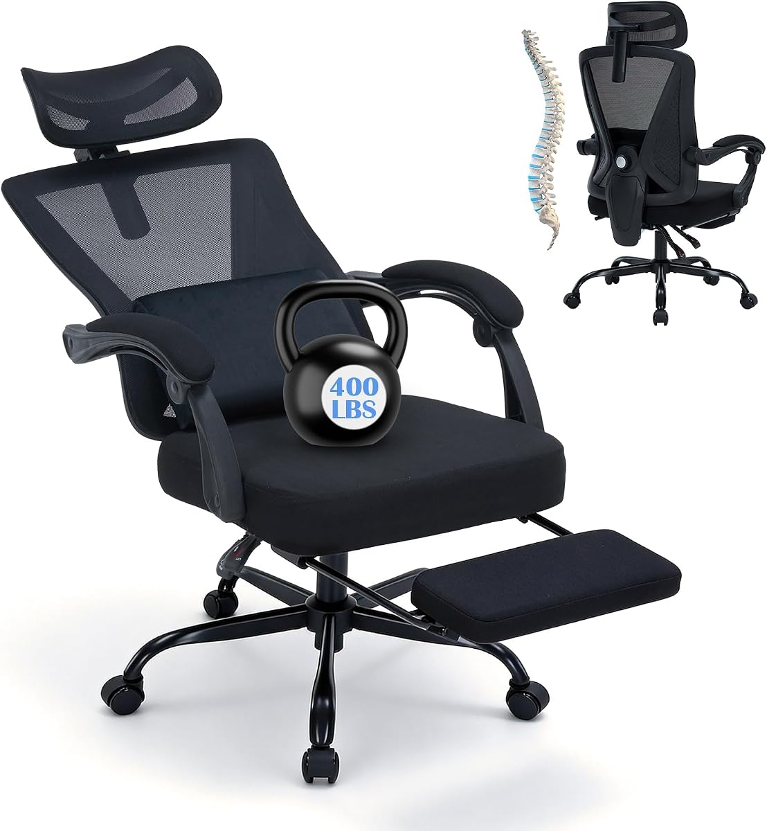 Silla de oficina ergonómica con reposapiés – Soporte lumbar ajustable y reposacabezas 3D, silla de ordenador giratoria de trabajo con respaldo alto de malla reclinable de 90 a 160°, capacidad de 400 libras