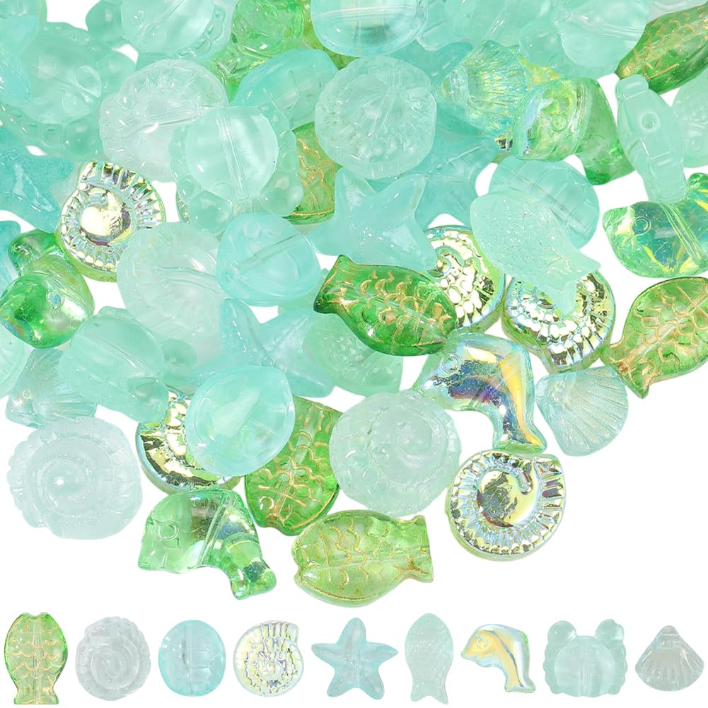 BEAMARKER 90Pcs 9 Styles Green Ocean Theme Glass Beads for Jewelry Making Summer Beach Fish Conch Crab Starfish Tortoise Dolphin Scallop Shell Sea Animal Beads Bulk for DIY Necklace Bracelet Crafts