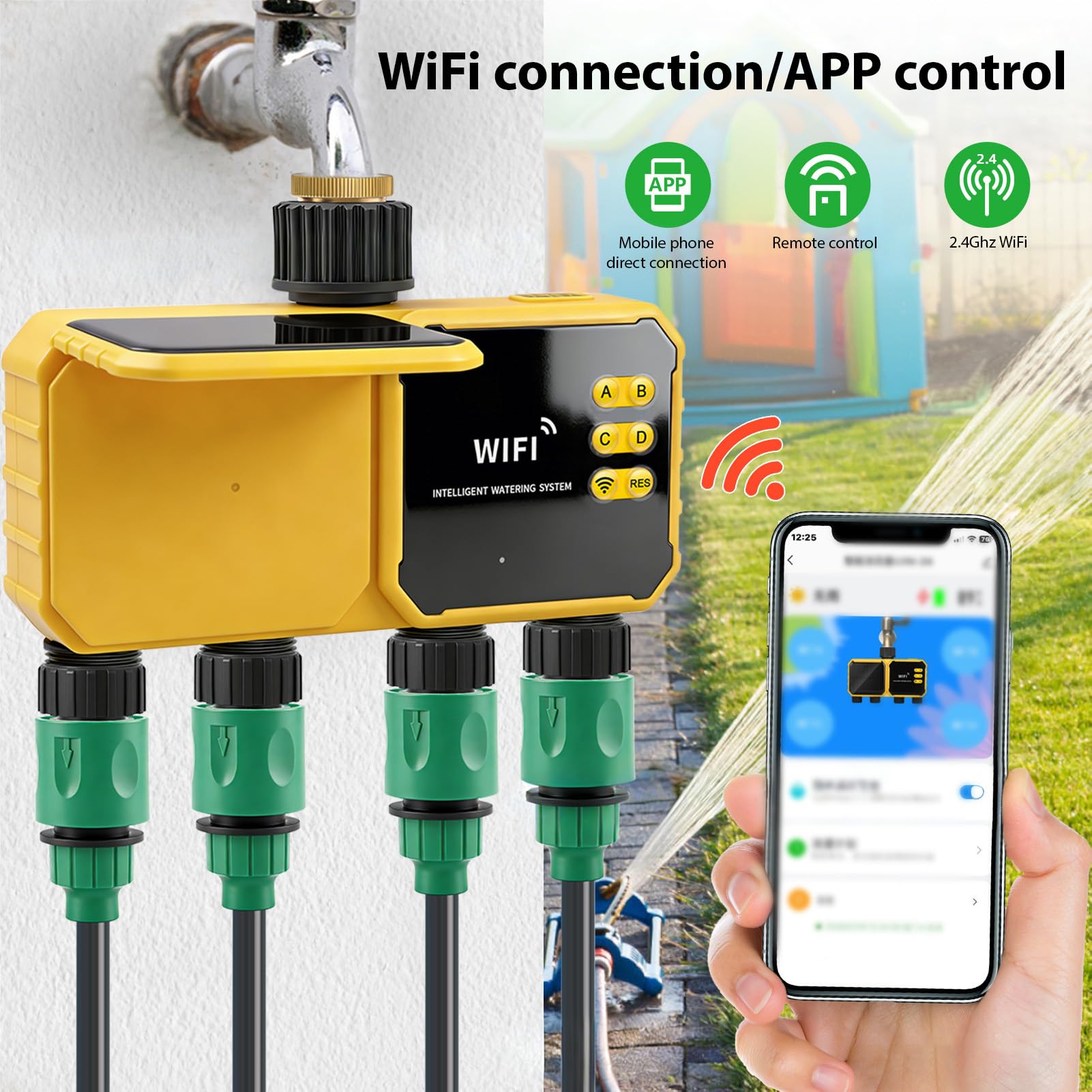 Intelligenter Solar-Bewässerungs-Timer, 4-Zonen-Wasserventil-Controller mit App-Fernbedienung, Regensensor, Wiederaufladbarer Batterie für den Außenbereich, Garten, Rasen, Hof,
