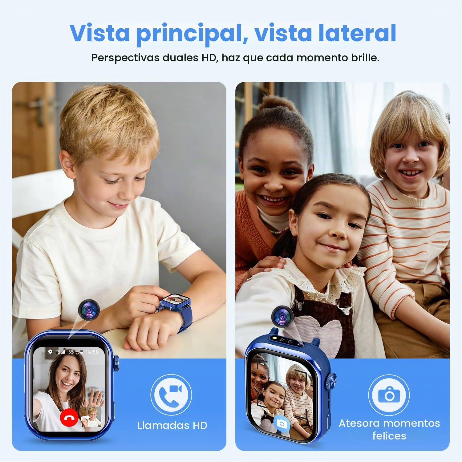 Reloj Inteligente Niño, 4G Smartwatch Niño con GPS y Llamadas, Doble Cámara, Videollamada, SOS, Modo Escuela, Despertador, Linterna, IP68, Podómetro, Regalo Niñas y Niños Azul, 3 Años Garantía