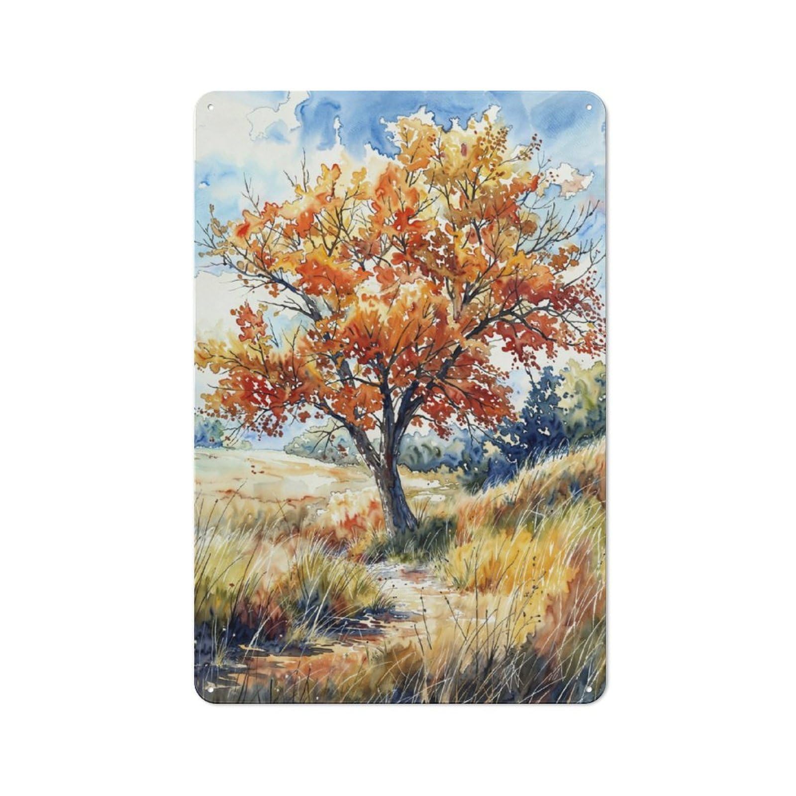 Junmoney Fiery Foliage Path Vintage-Inspired Tin Sign 30X20cm For Café Or Restaurant, For Cooler-Month Interiors With Vintage Character