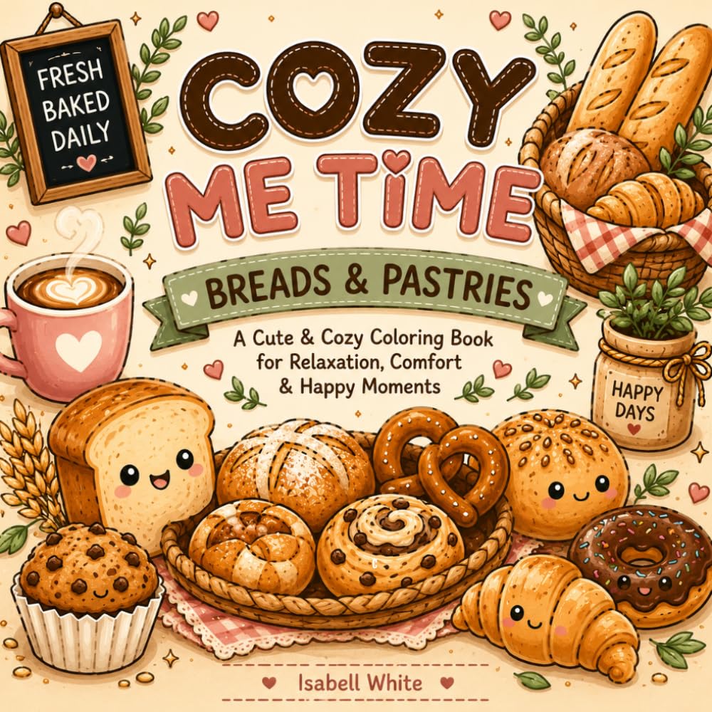 Cozy Me Time Bread and Pastries Coloring Book: Easy and Relaxing Bakery Coloring Pages for Adults – Artisan Breads, Croissants, Cinnamon Rolls, Muffins and More for Calm, Stress Relief and Creativity