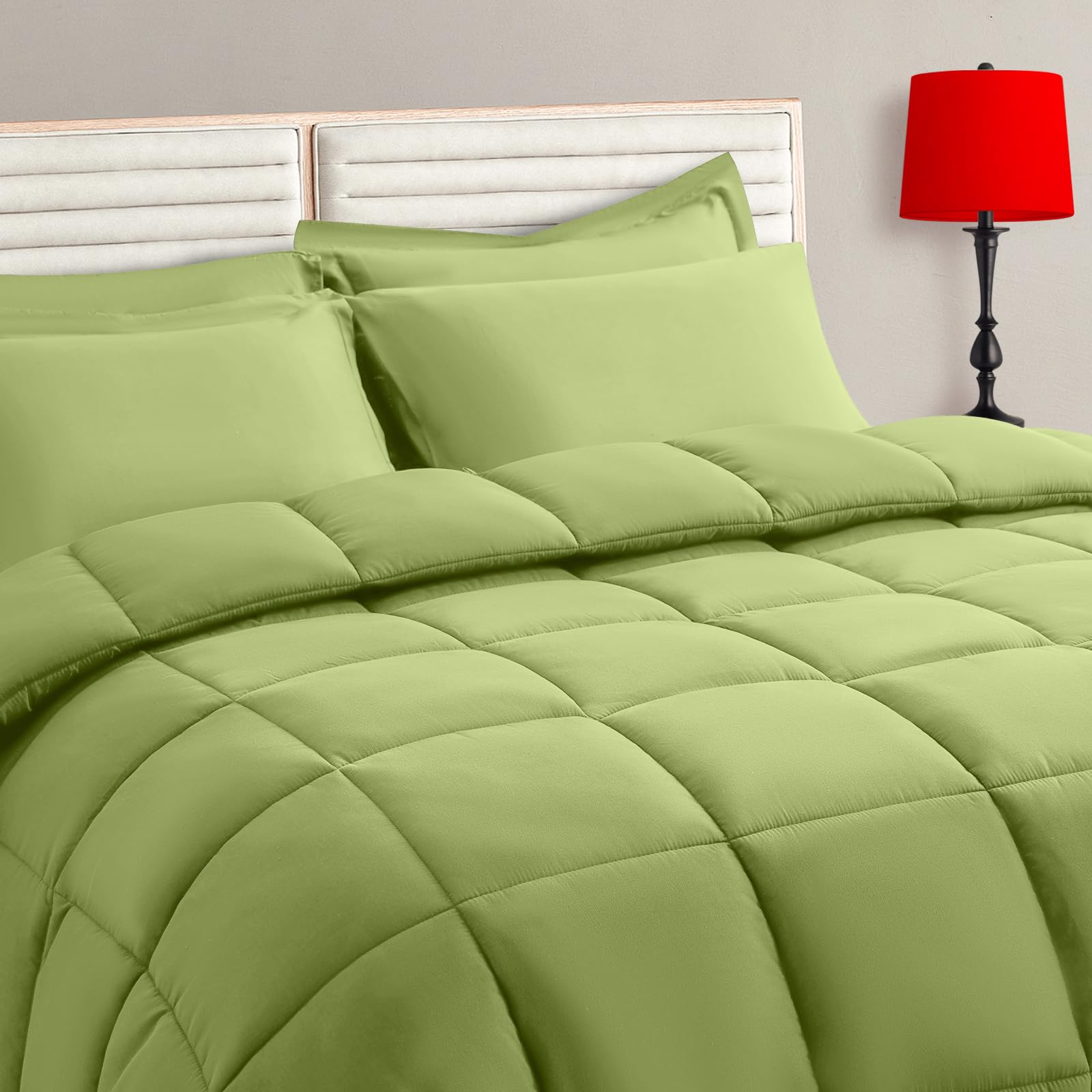 TAIMIT Sage Green Queen Size Comforter Set - 7 Pieces, Bed in a Bag Bedding Sets with All Season Soft Quilted Warm Fluffy Reversible Comforter,Flat Sheet,Fitted Sheet,2 Pillow Shams,2 Pillowcases