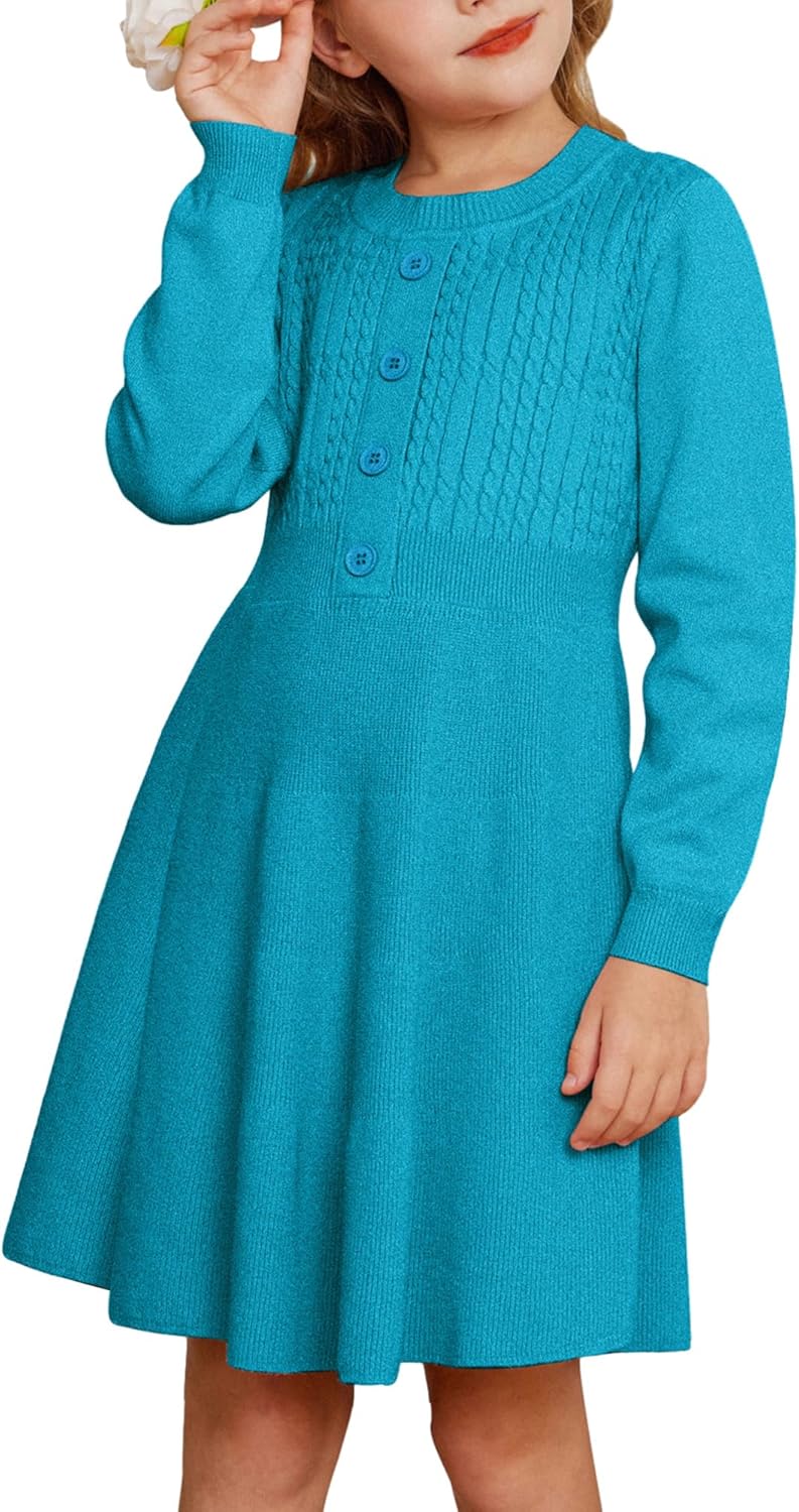 GRACE KARIN Girl Dress Long Sleeve Sweater Ruffle Button Front Knit Casual Fall Winter Dresses for Girls 5-12