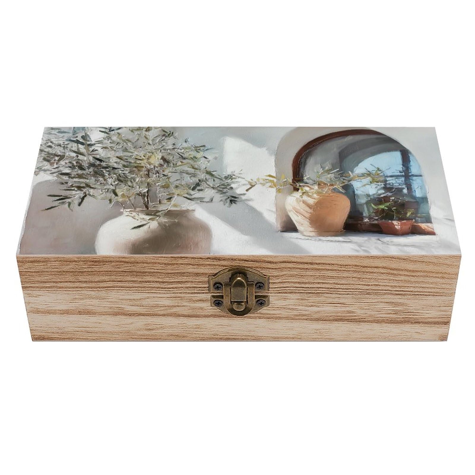 Ahdyr As Pic Olive Tree In Vases Wooden Storage Box With Hinged Lid And Front Clasp Large Keepsake Box