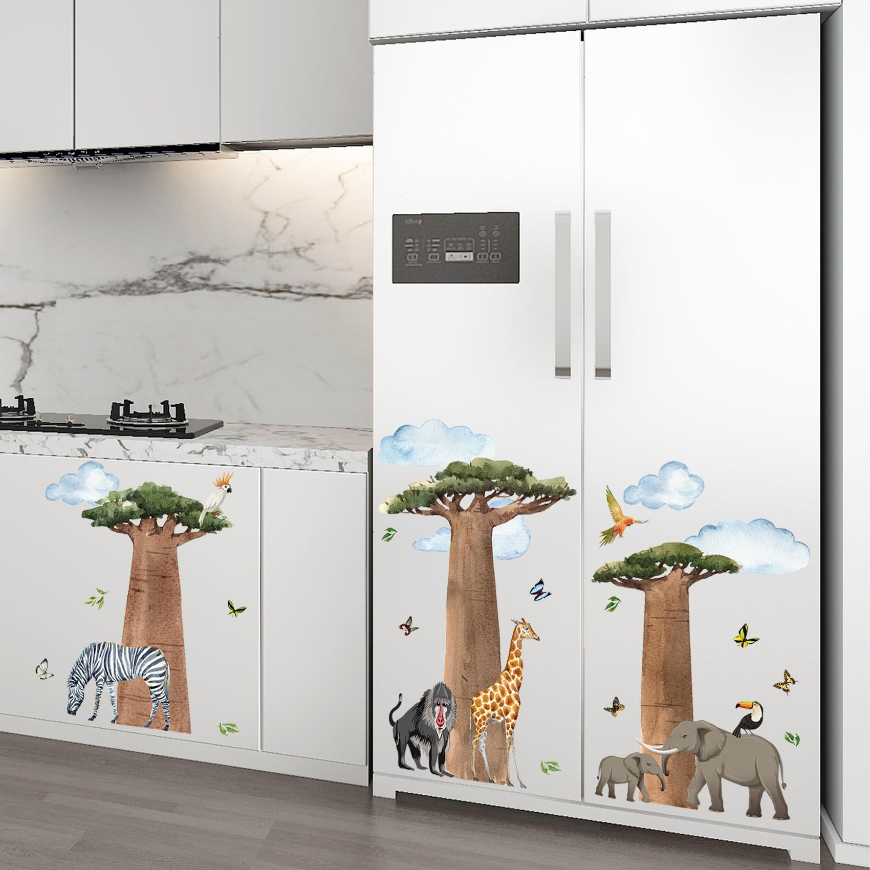 Zestaw naklejek ściennych ze zwierzętami safari, afrykańskie baobaby z dziką przyrodą, duży rozmiar 118 x 70 cm, naklejki do pokoju dziecięcego w stylu akwareli