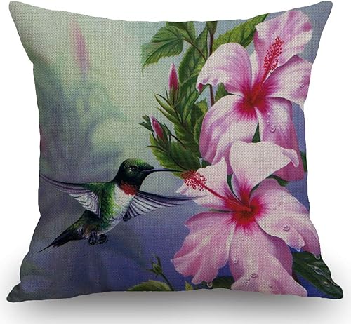 Funda de cojín decorativa para el hogar, diseño de colibrí con diseño de flores, decoración familiar, de algodón, lino, para el hogar, sofá, 18 x 18