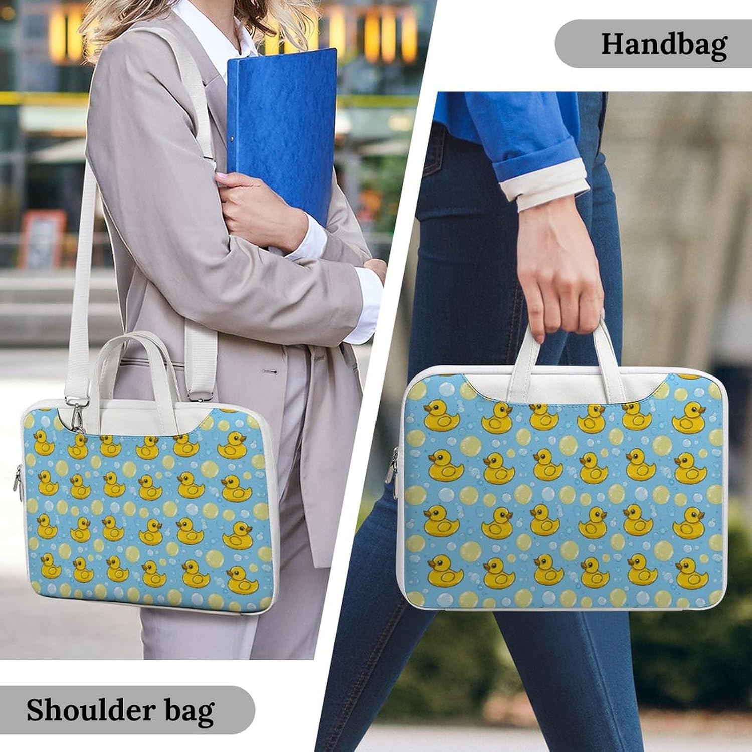 Yellow Rubber Duck And Bubbles Laptop Bag PU Leather Computer Tote Bag Carrying Case Messenger Bag with Handle