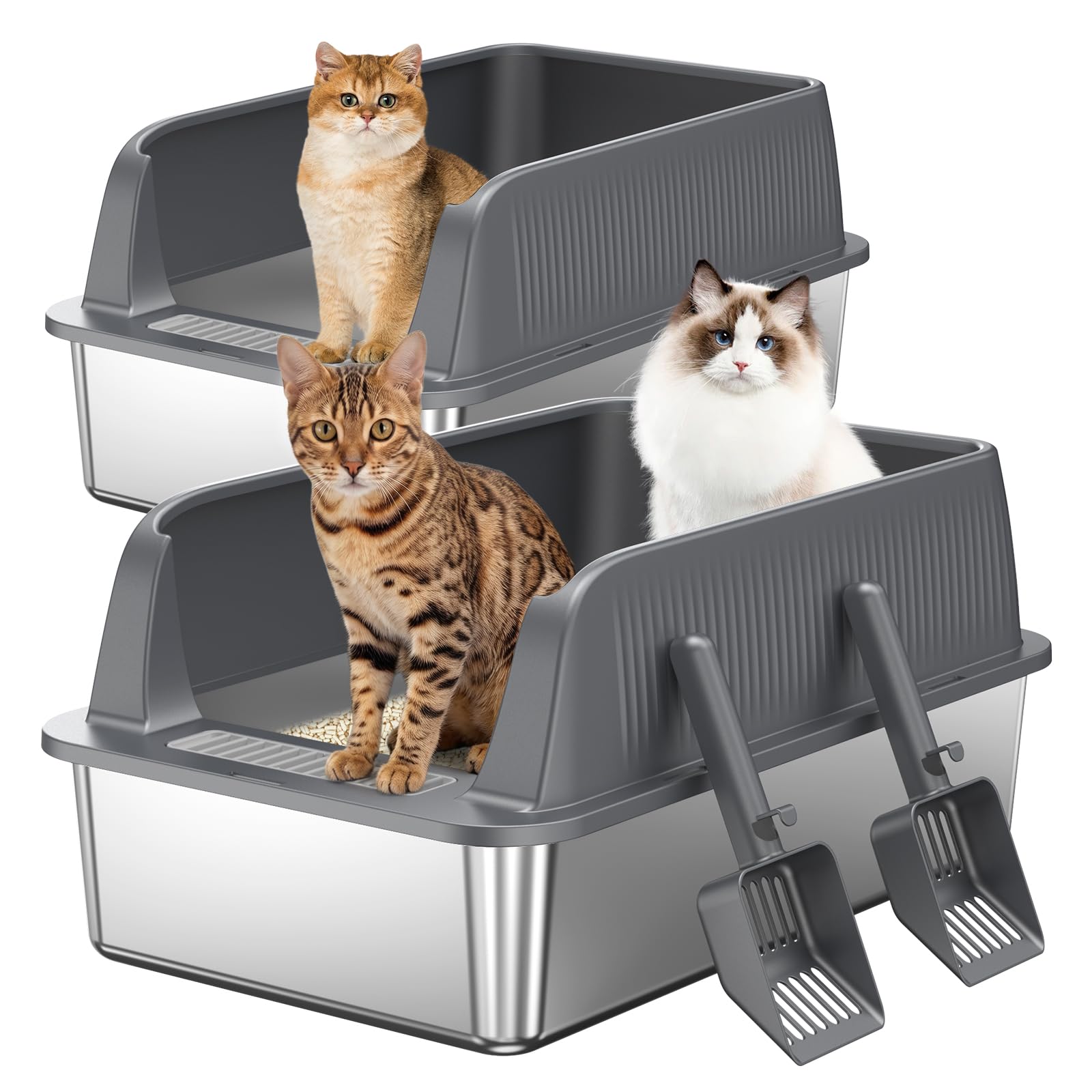 Edelstahl Offene Katzentoilette – extra große Katzentoilette mit hohen Seitenwänden für große Katzen, herausnehmbare Tiefe Wanne, inkl. Schaufel & Einstiegshilfe, Dunkelgrau, 2 Stück