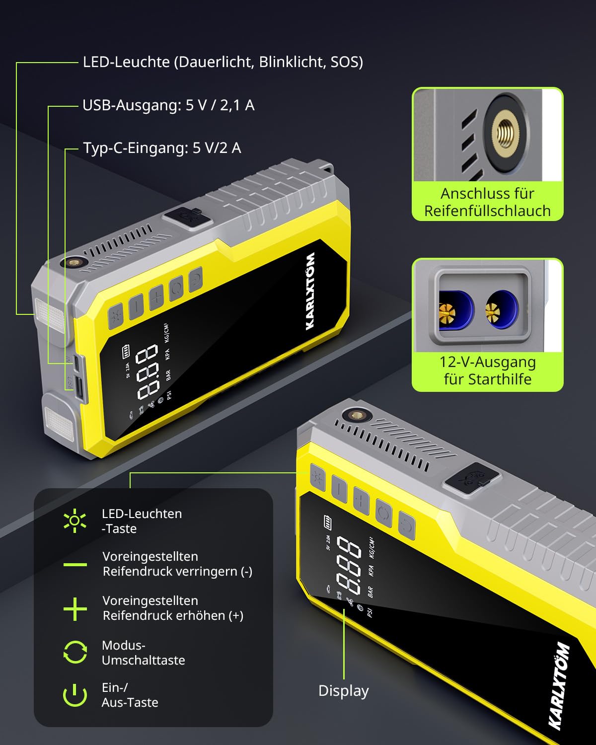 Karlxtom Starthilfe Powerbank für Pkw mit 190PSI Kompressor, 88Wh Auto Starthilfe Powerbank für All Benzin und 10L Dieselmotor, 4500A Starter Powerbank und 500LUM LED-Licht, LCD-Anzeige