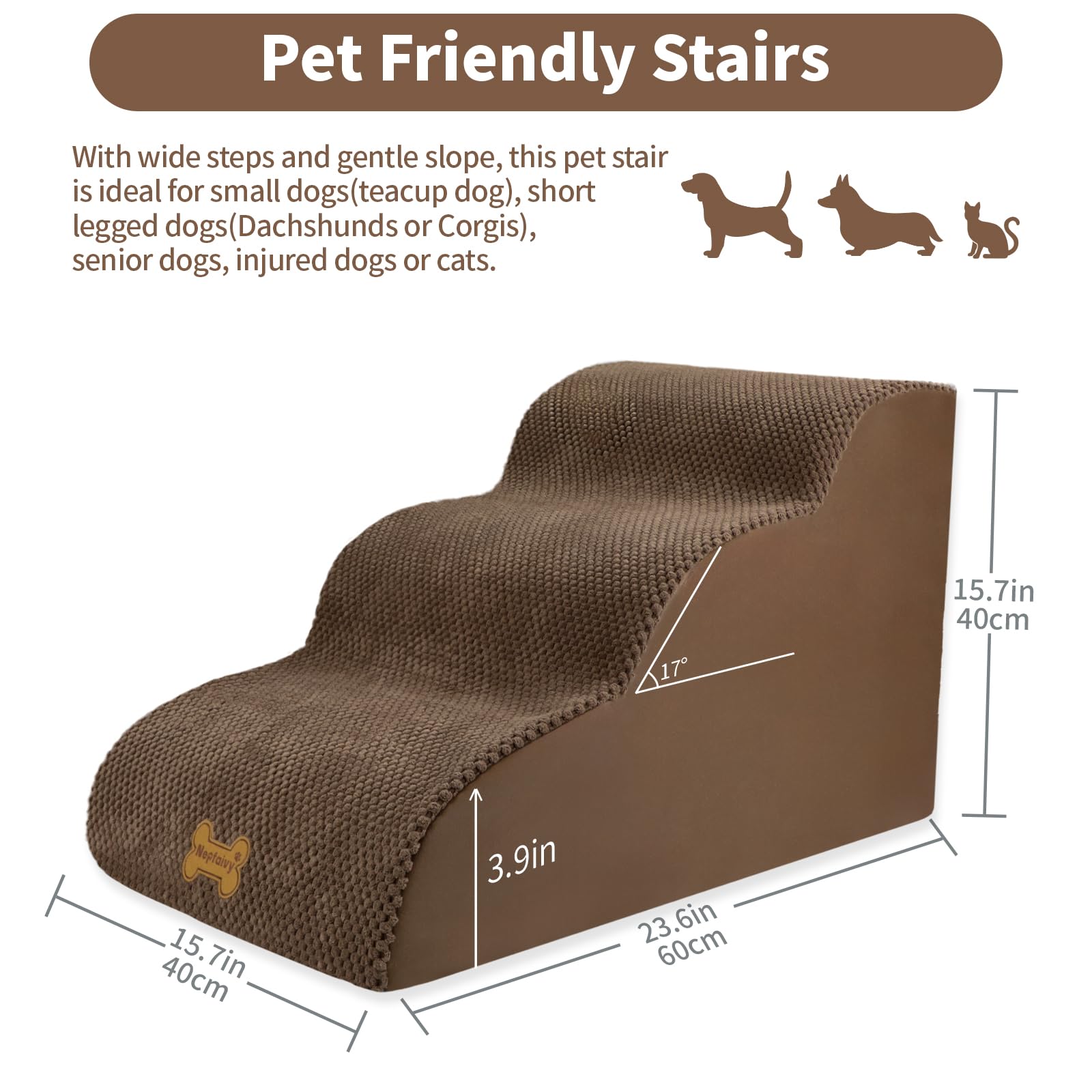 Nepfaivy Scaletta per letto per cani, antiscivolo, per cani e gatti di piccola taglia, rampa per cani, divano a 3 gradini, con schiuma ad alta densità e rivestimento rimovibile, 60 x 40 x 40 cm