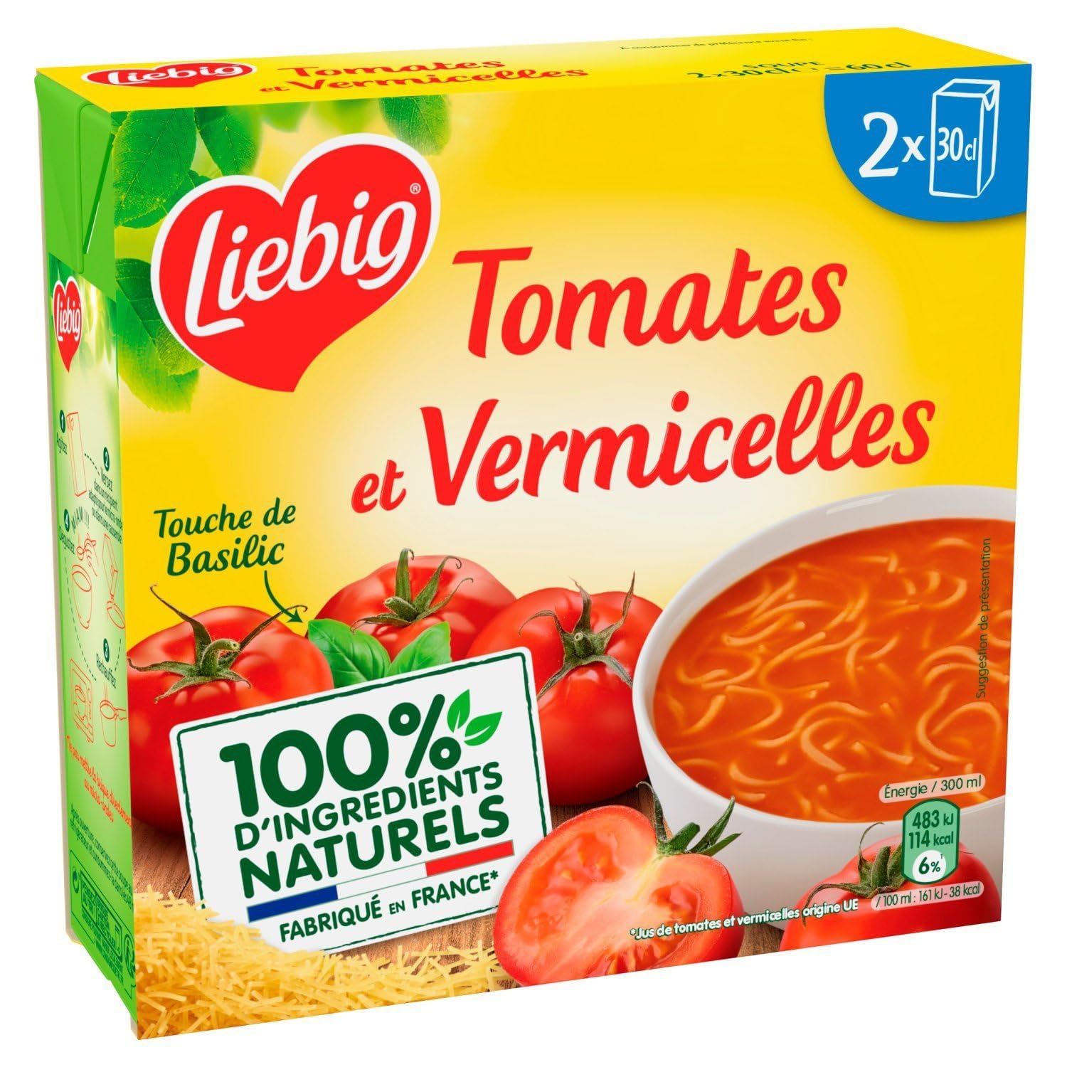 LIEBIG – Soupe Veloutée onctueuse Tomates et Basilic, Pâtes Savoureuses pour Réconfort (2 x 30cL) - Le lot de 4