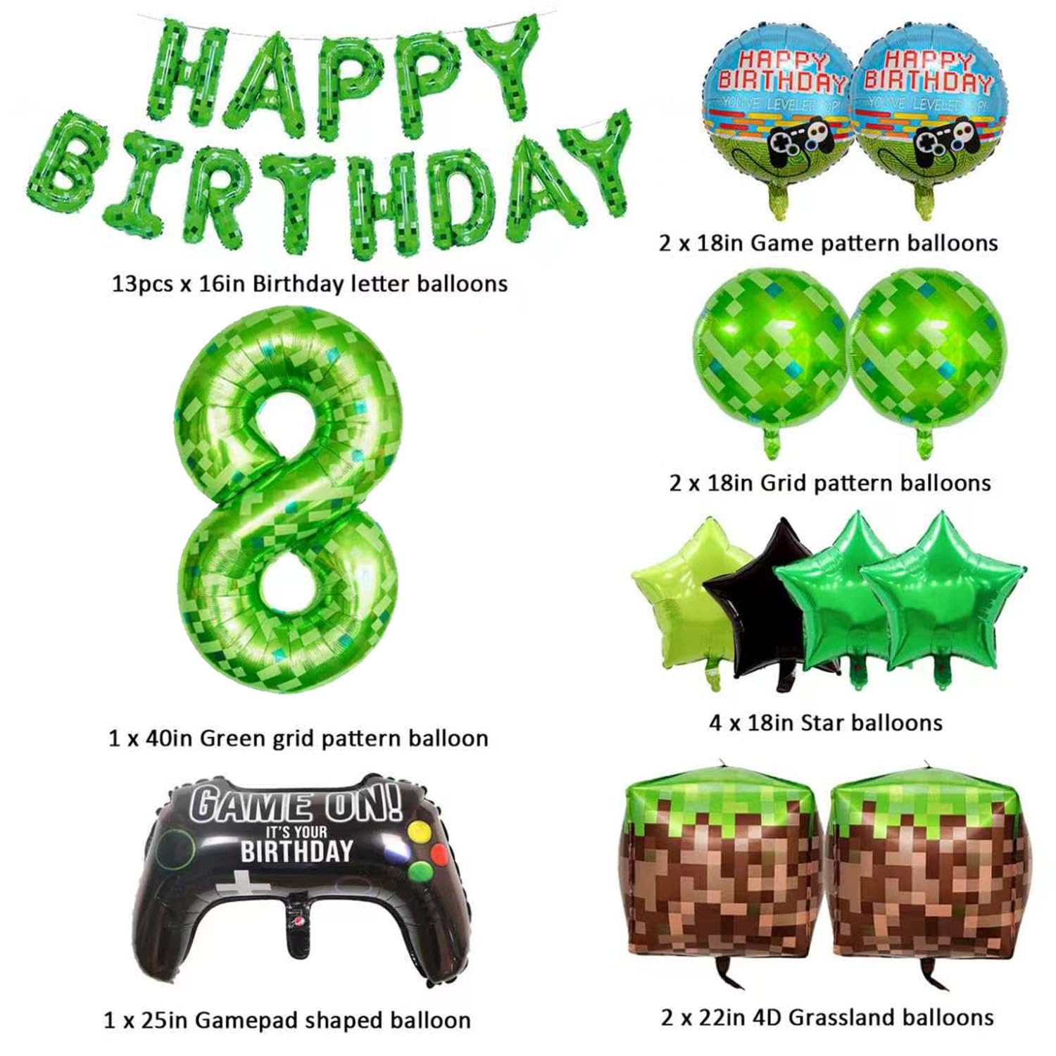 25 sztuk balonów na przyjęcie urodzinowe, gra pikselowa, zestaw gier z banerem "Happy Birthday", balon foliowy z cyfrą 102 cm, balony blokowe z trawą, balon z gamepadem dla dzieci, chłopców