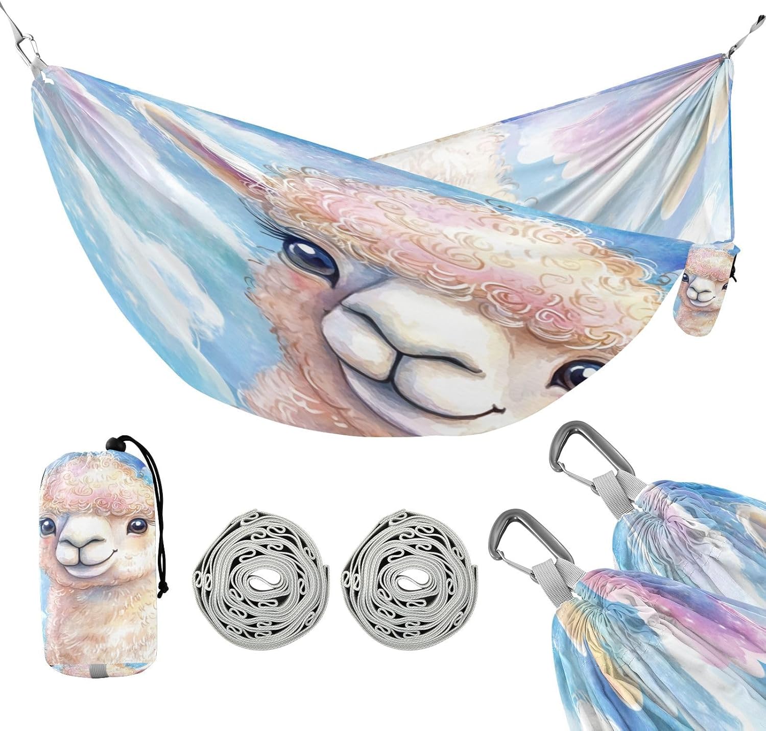 ALAZA Llama Cute Alpaca Watercolor Camping Hammocks Single or 2 Person 500 lbs Portable Parachute Travel Hammock w/Tree Straps for Hiking Backpacking Indoor Outdoor