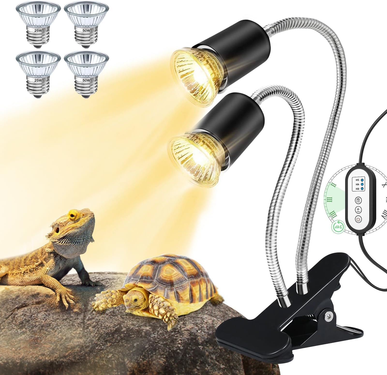 Dual-Head Reptile Heat Lamp with UVA/B Light & Cycle Timer - Basking Light for Turtles, Bearded Dragons, Lizards, Snakes - E26/27 Base, Includes 4 Bulbs (2x25W, 2x50W)
