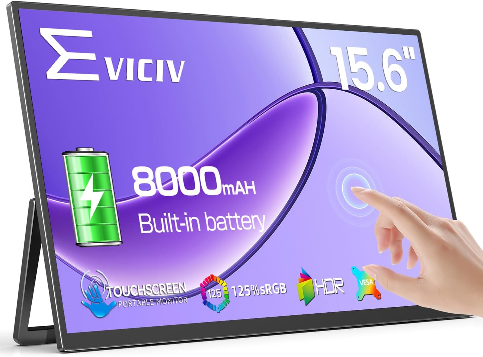 Portable Monitor Touchscreen with Battery 8000mAh, 15.6” 125% sRGB Ultra-Slim 10-Point Touch Screen Monitor, USB-C & MINI HDMI, VESA & Stand, Travel Second Screen for Laptop, Computer, Game Consoles