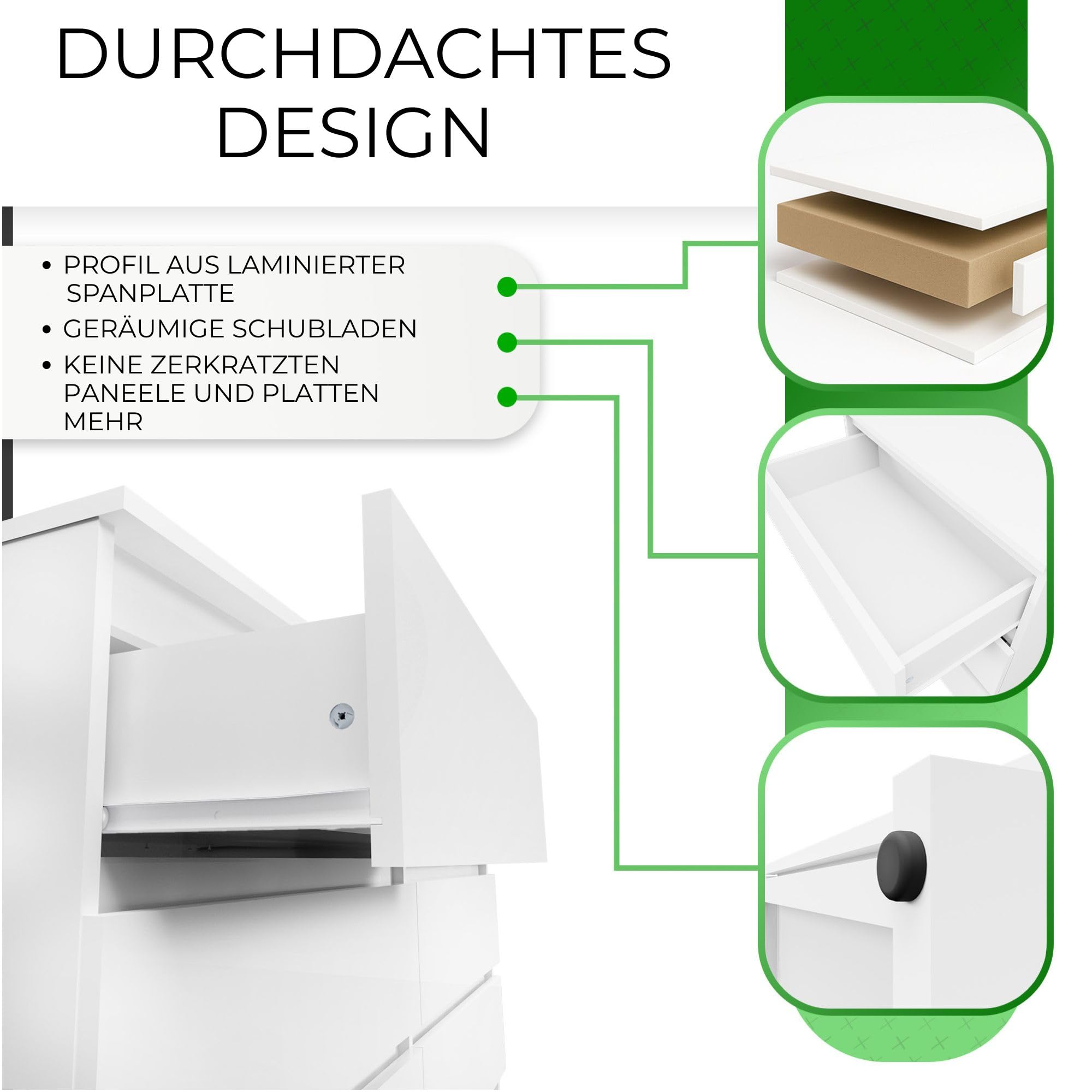 CDF Kommode Weiß mit 6 Schubladen 40 cm Tief Komodenschrank Komode für Wohnzimmer Schlafzimmer Schubladenschrank Malm Kommode viel Stauraum Geeignet Organizer Kleidung 138 cm Breite Modern Look
