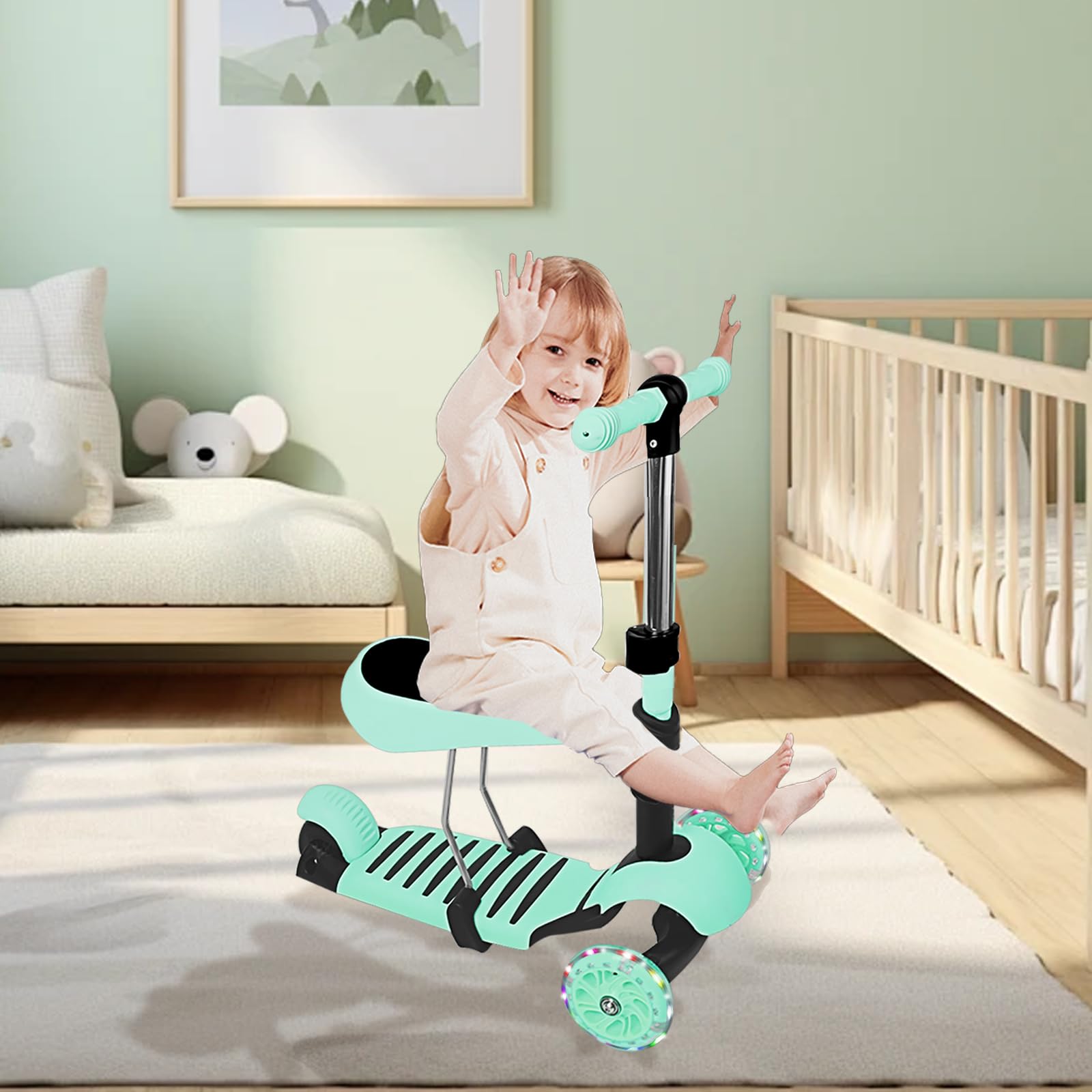 Patinete Scooter para niños con asiento extraíble, altura ajustable 2-8 años, rueda flash de PU, + caña telescópica