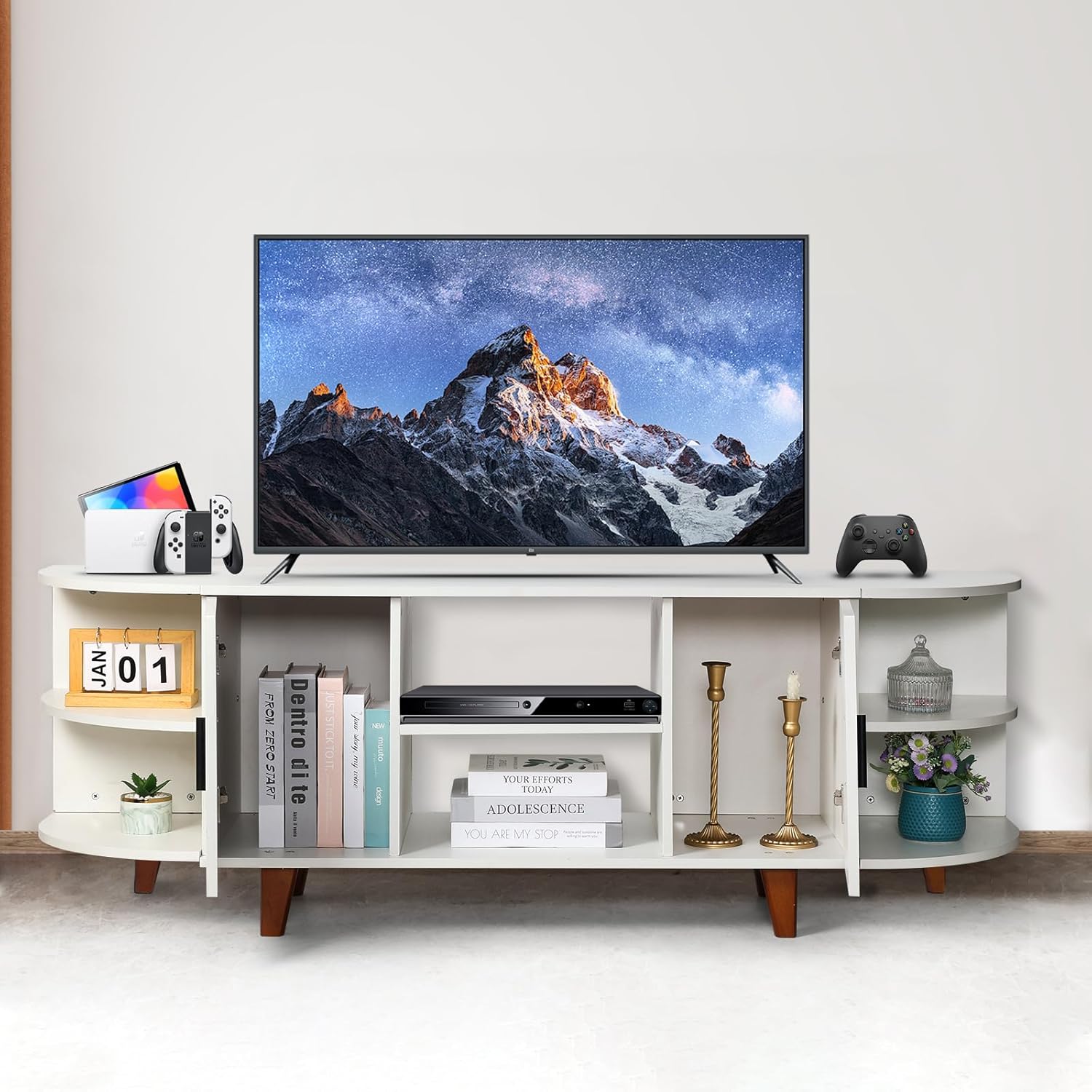 White TV Stand for 65 70 inch TV, 63’’ Media Console, Entertainment Center with Storage Cabinets for Living Room, Bedroom