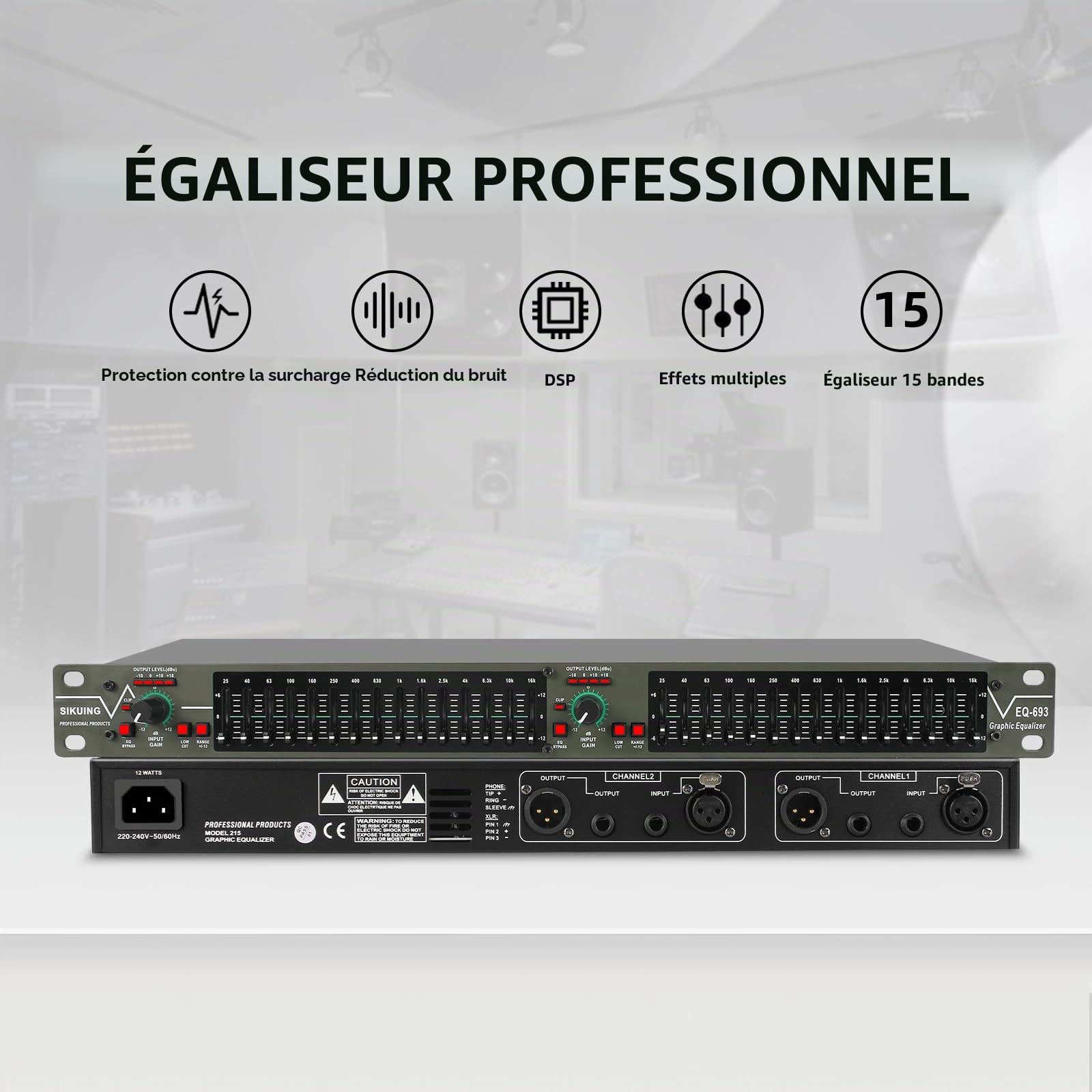 égaliseur graphique stéréo à 15 bandes, égaliseur 2 canaux professionnel pour DJ avec suppression du bruit pour home cinéma, fête, scène et studio (montable en rack) EQ-693