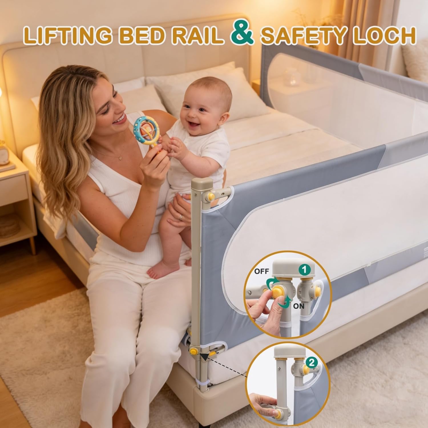 Bed Rail for Toddlers Twin, Full, Queen, King & Cal kingMattress Size | Swing Down Rail Guard | Mattress Side Rail for Kids (Gray and White, (3 Sides for Queen Size) 79.9x79.9x59.8 Inch)