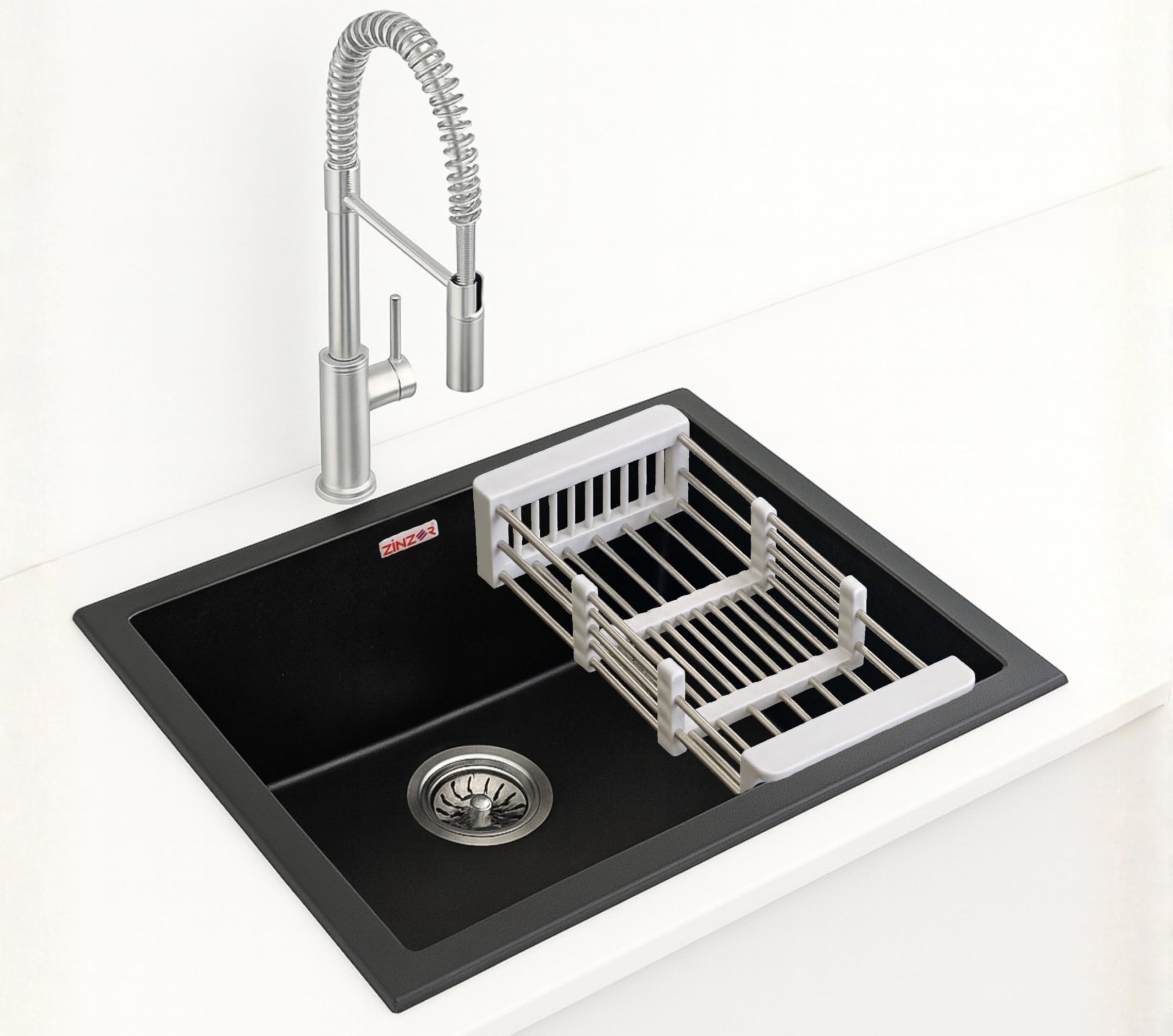 Quartz Sink for Kitchen | Black Granite Single Bowl 24×18, UV Protected, Scratch & Heat Resistant, With Waste Coupling, Waste Pipe & Vegetable Basket