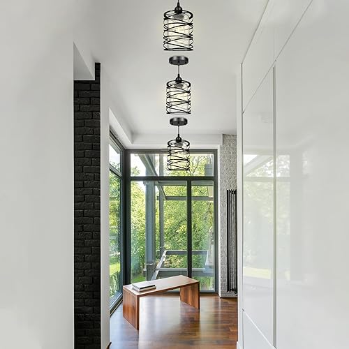 Miniatura 8 de Paquete de 3 lámparas colgantes, lámpara colgante moderna en jaula de acabado negro, lámpara industrial con vidrio transparente, luz colgante