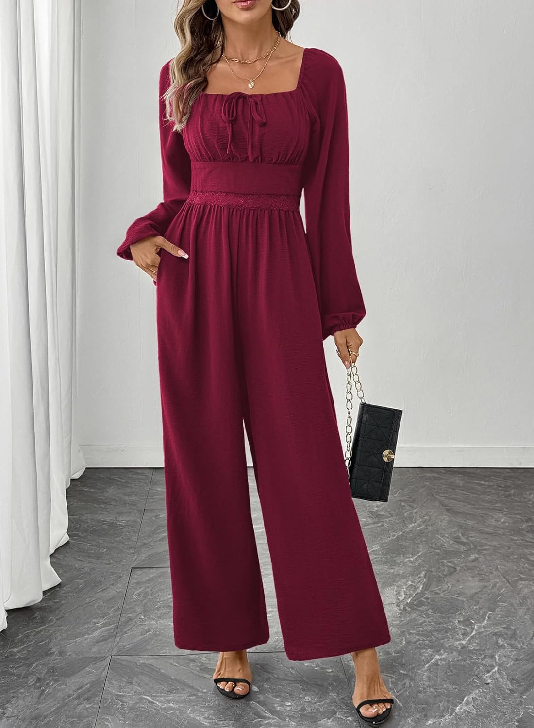Happy Sailed Women's Long Sleeve Jumpsuits Loose Fit Overalls Square Neck Pockets High Waisted Wide Leg Pants Rompers - Image 2