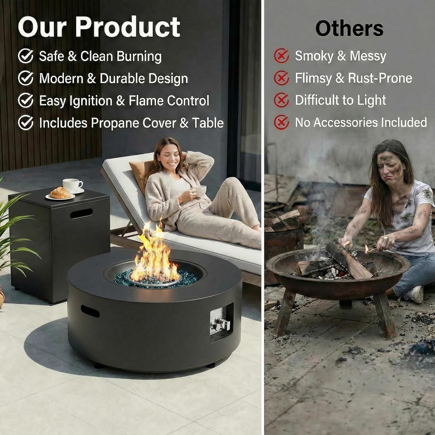TLGREEN 2-Piece Propane Fire Pit Set – 30" Round Fire Table & Tank Holder, 50,000 BTU Outdoor Fire Pit with Cover, 304 Stainless Burner & Adjustable Leg, Convert to Coffee Table for Patio, Deck, Pool