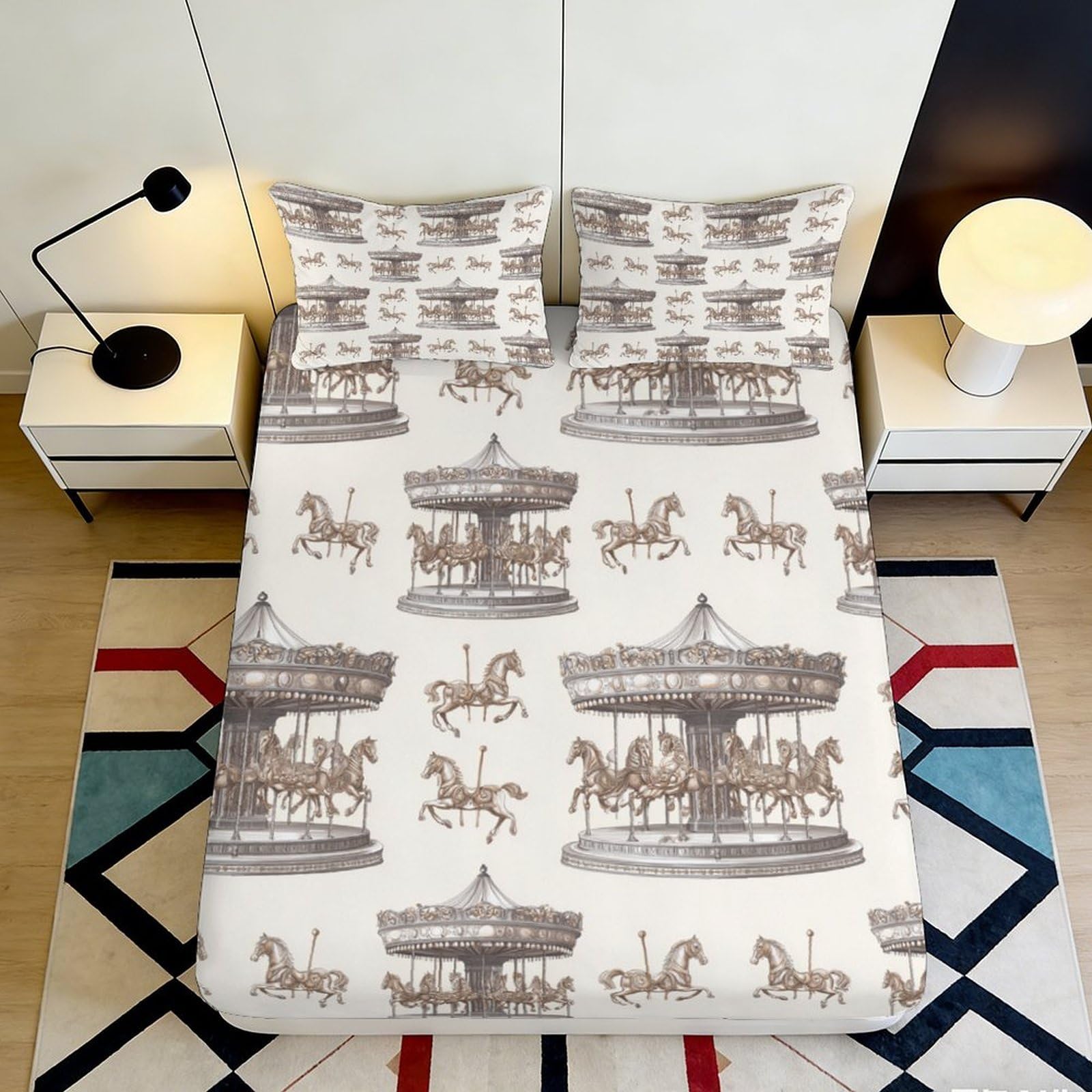 3D Printed Carousel Horse Fitted Sheet Microfiber Soft Beige Fairground Mattress Cover for Bedroom Guest Room Decor 140x200x25cm