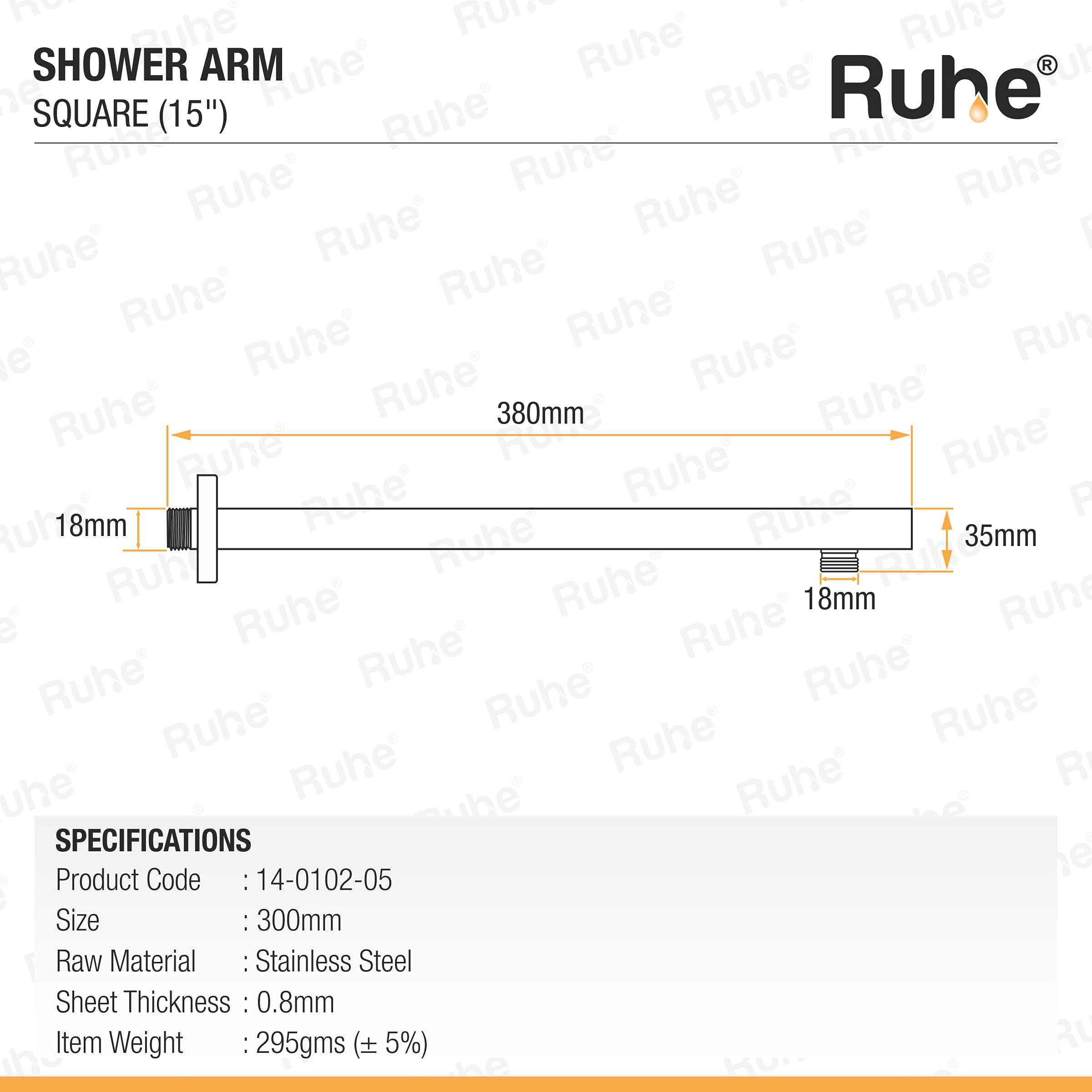 Ruhe® 15 Inches Square Shower Arm | Premium Grade Stainless Steel Square Shower Arm