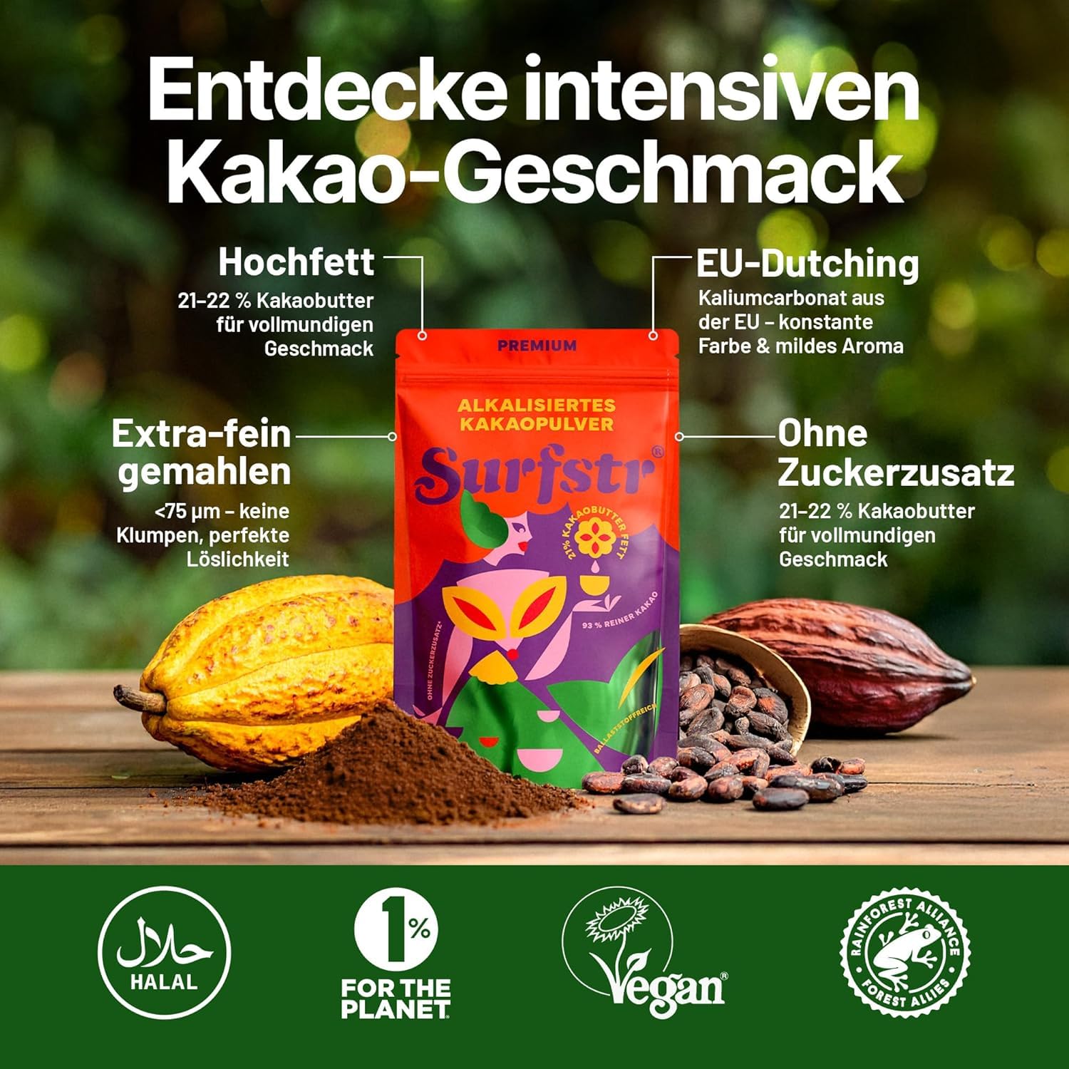 Premium Kakaopulver ohne Zucker 500g – Intensiver Geschmack, perfekt löslich – Vegan & ohne Zuckerzusatz – Alkalisiertes Kakaopulver (21% Kakaobutter), schwach entölt