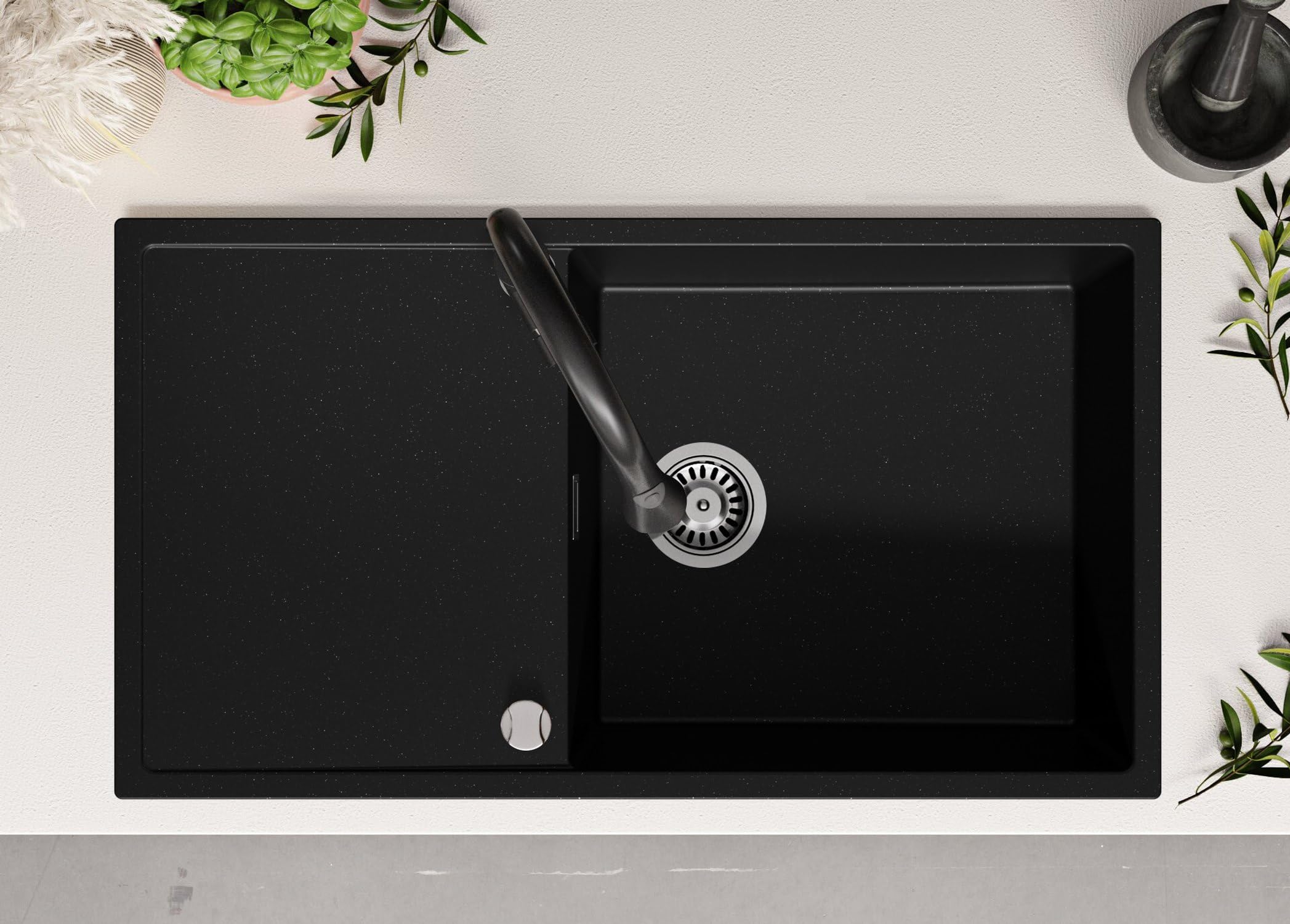 PRIMAGRAN Evier Cuisine en Granit au Meuble 60cm + Kit de Vidage, 90x50cm