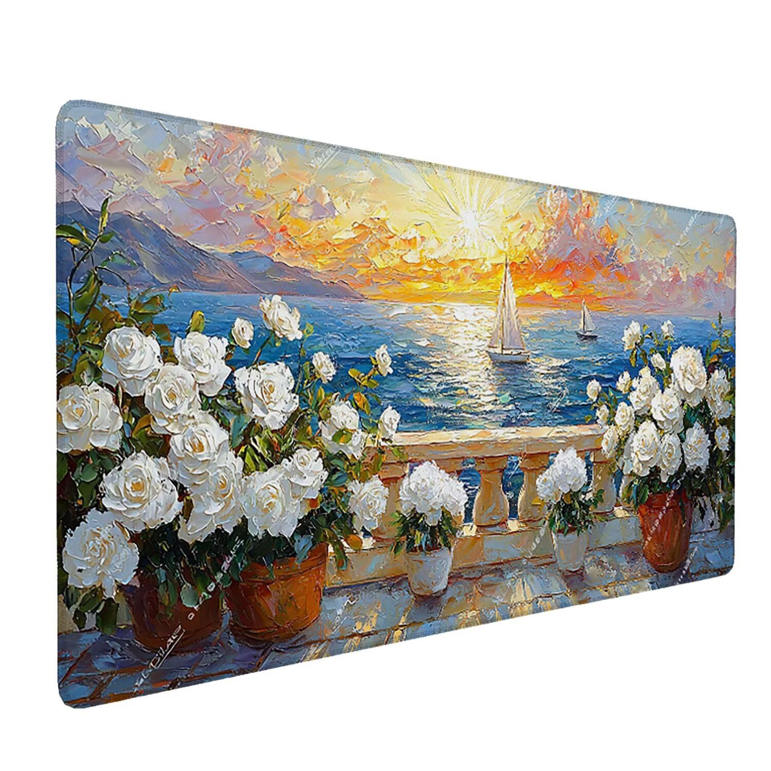 Podkładka pod mysz XXL, 1000 x 500 x 3 mm, gamingowa podkładka pod mysz z przyszytymi krawędziami, wodoodporna, z gładką powierzchnią, z widokiem na morze, róże, podkładka pod mysz do wszystkich typów