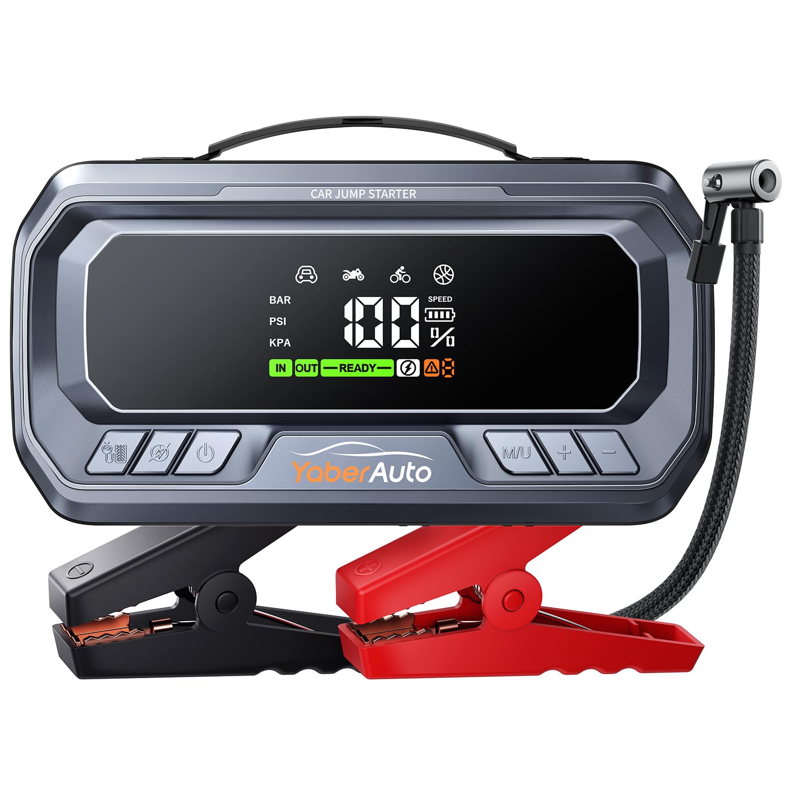 Booster Avviamento Auto con Compressore 160 PSI, YaberAuto 6000A Avviatore Batteria Auto, 65W Ricarica rapida,Starter Batteria Auto per Tutto Gas/12.0L Diesel, 600 Lumen Torcia,160W DC Uscita