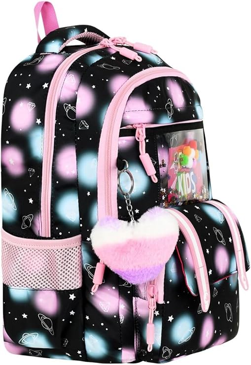 Çok Bölmeli FUN KIDS Okul Çantası, Beslenme Çantası ve Kalemlikli Üçlü Set, Siyah Pembe