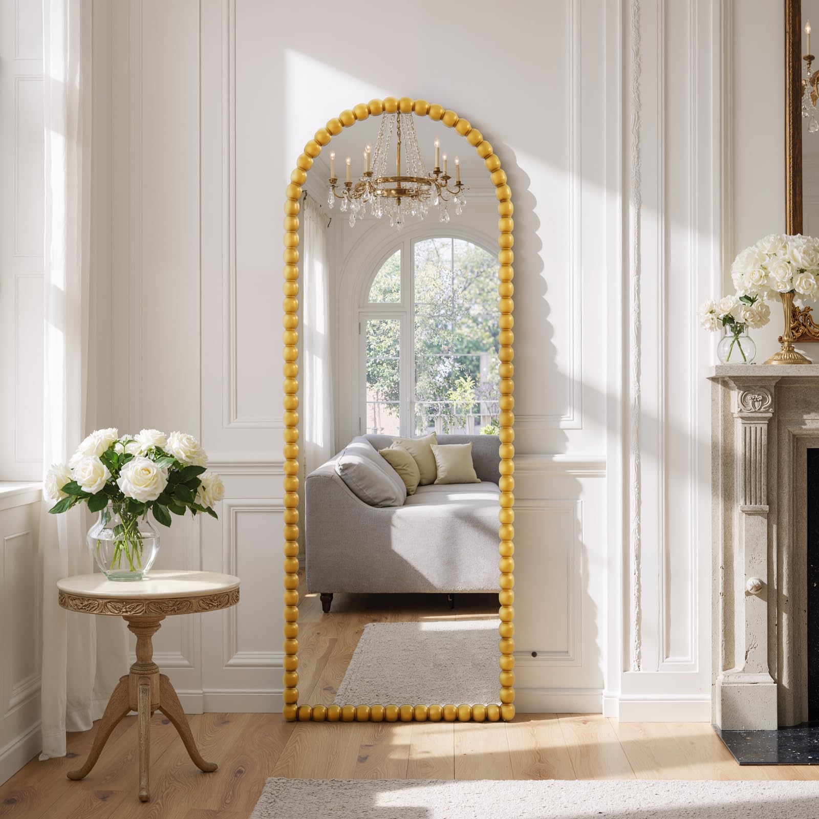 Reflix Espejo de longitud completa vintage, 145x53 cm, espejo grande de piso con arco dorado y marco antiguo de cuentas de PU, espejos decorativos para sala de estar, dormitorio, pasillo